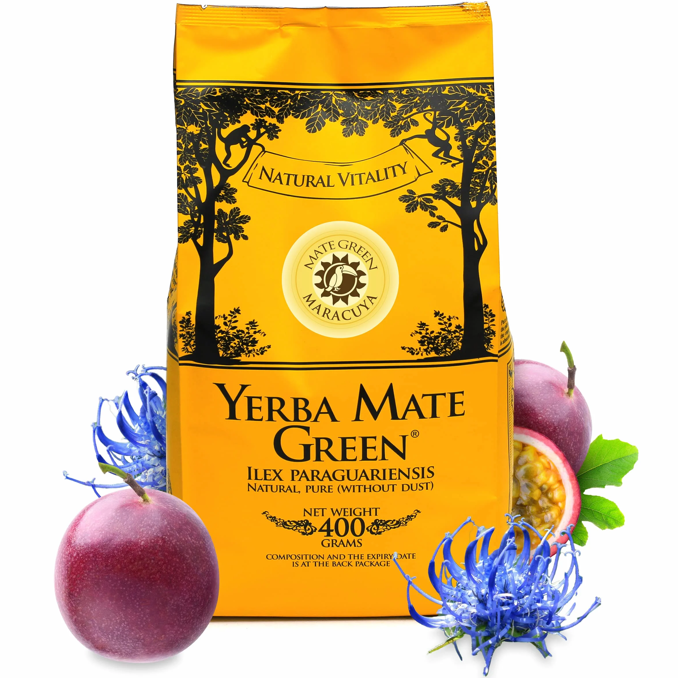 Mate Green Mate Tee Green 'Maracuya' 400 g, prawdziwy brazylijski Yerba Mate, bogaty i głęboki smak z marakuyą, diabelskim pazurem i goździkami