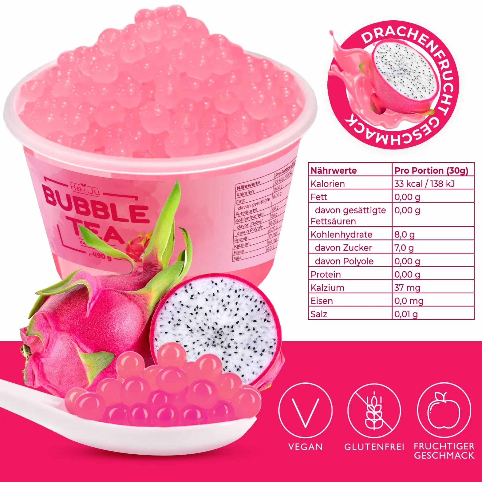 Bubble Tea Pearls DRAGON FRUIT 490 GRAMS, Boba Pearls Dragonfruit Boba Fruit Pearls wegańskie, bezglutenowe i więcej zawartości