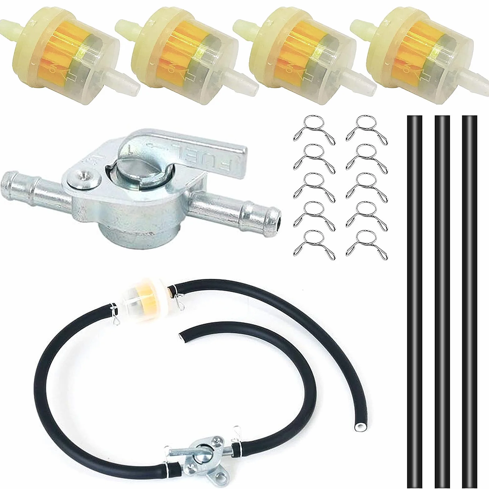 Wąż do paliwa, filtr benzynowy do motocykla, motoroweru, zestaw zawiera 3 sztuki 15 cm przewód paliwowy 5 mm + 4 filtry benzynowe 5 mm + 10 sztuk obejm do węża do samochodu, motocykla, skutera,