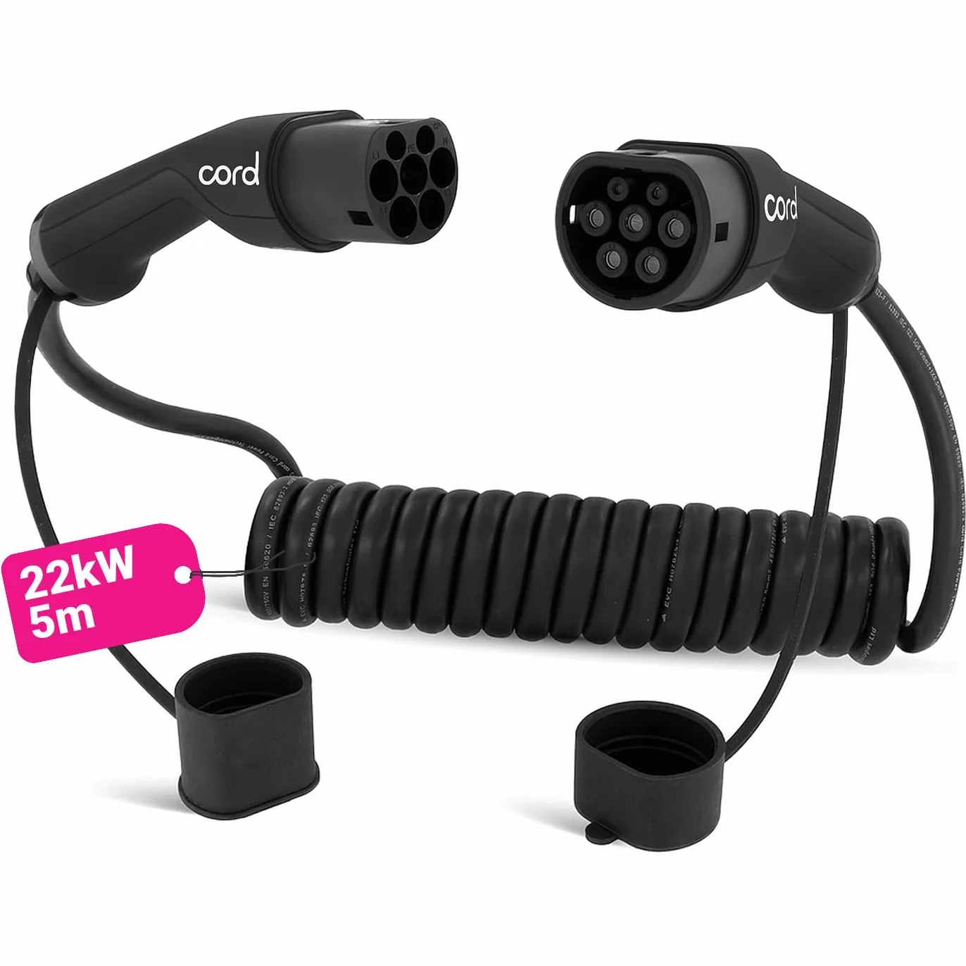 Cord Zwijany kabel ładujący typu 2 do typu 2 EV, 32 A, 22 kW, 5 metrów, trójfazowy