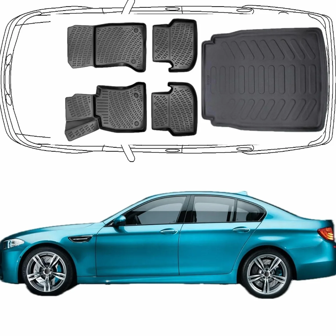 Trimak Dokładnie dopasowane dywaniki samochodowe 3D, zestaw kompatybilny z BMW serii 5 F10 2013-2017 LCI Facelift Sedan Limousine, akcesoria samochodowe, gumowe maty i mata do bagażnika, do samochodów