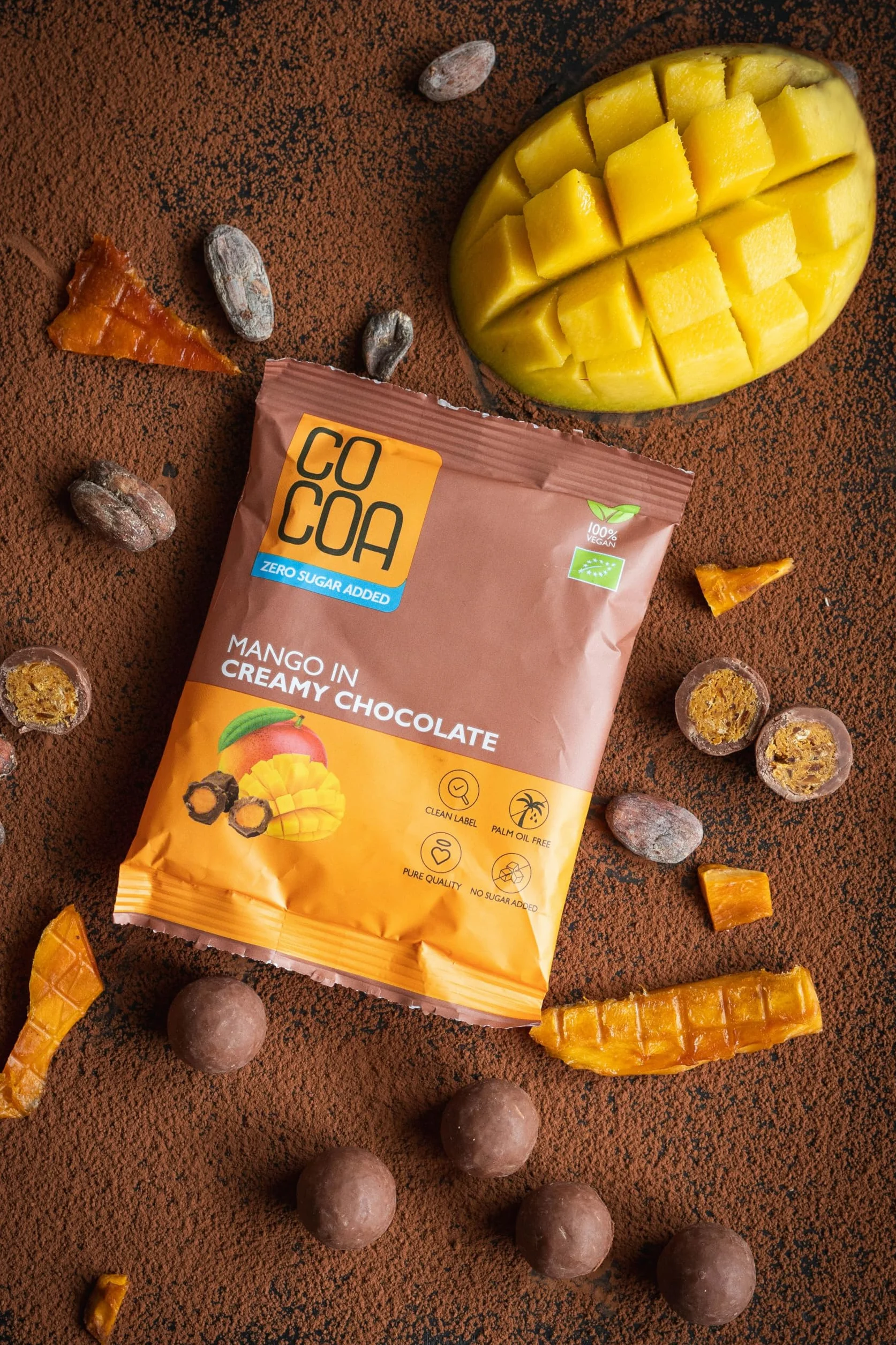 CO COA Mango w kremowej czekoladzie BIO 70g – Bezcukrowe słodycze dla wegan, gorąca czekolada z prebiotykami, czekolada bez cukru, bez laktozy, GMO i oleju palmowego – Wegańska BIO przekąska