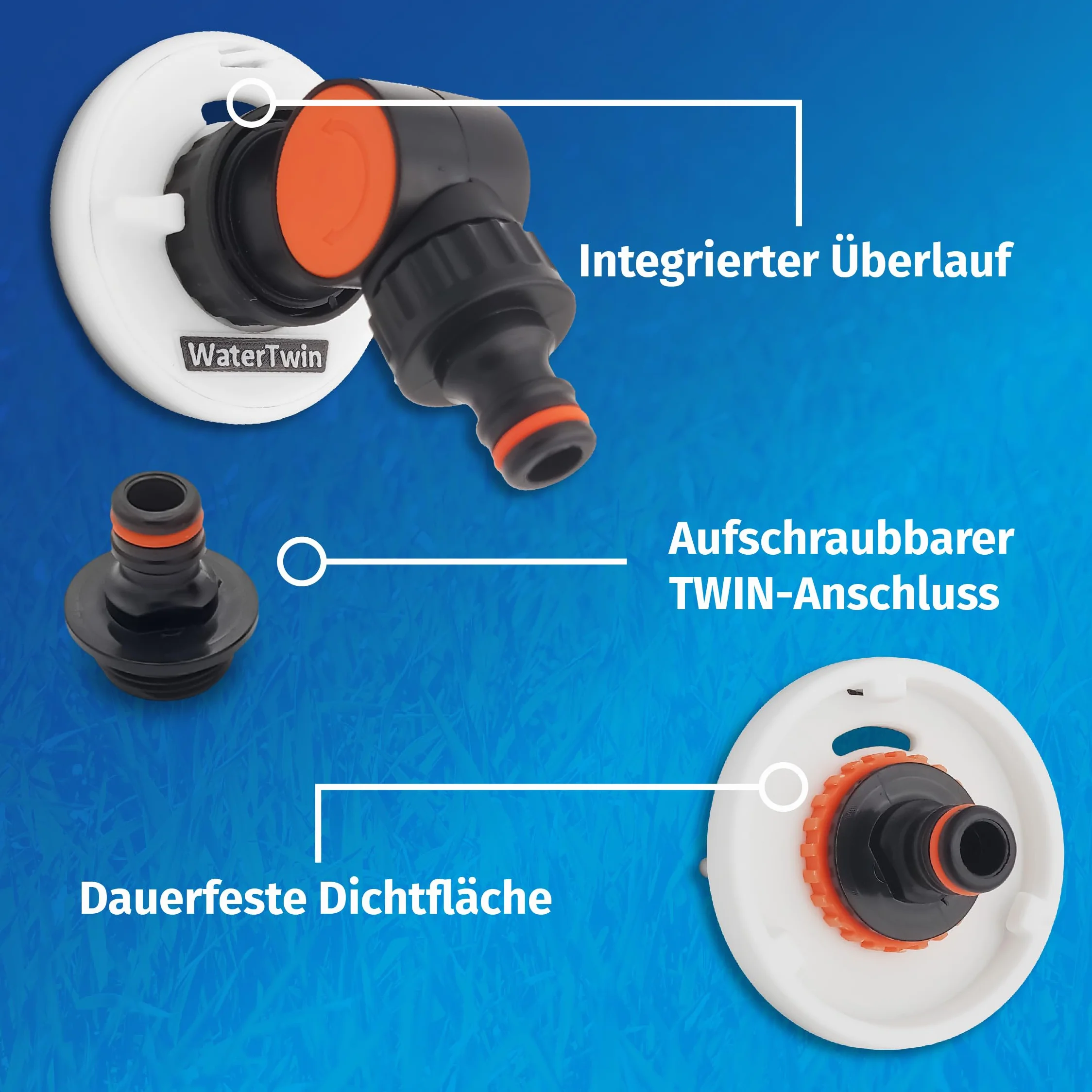 MaJoCompTec® WATERTWIN Adapter do pokrywy zbiornika na wodę z przyłączem wodnym | Adapter do pokrywy zbiornika na wodę do króćca napełniania | Akcesoria do samochodów kempingowych (wersja FLEX +