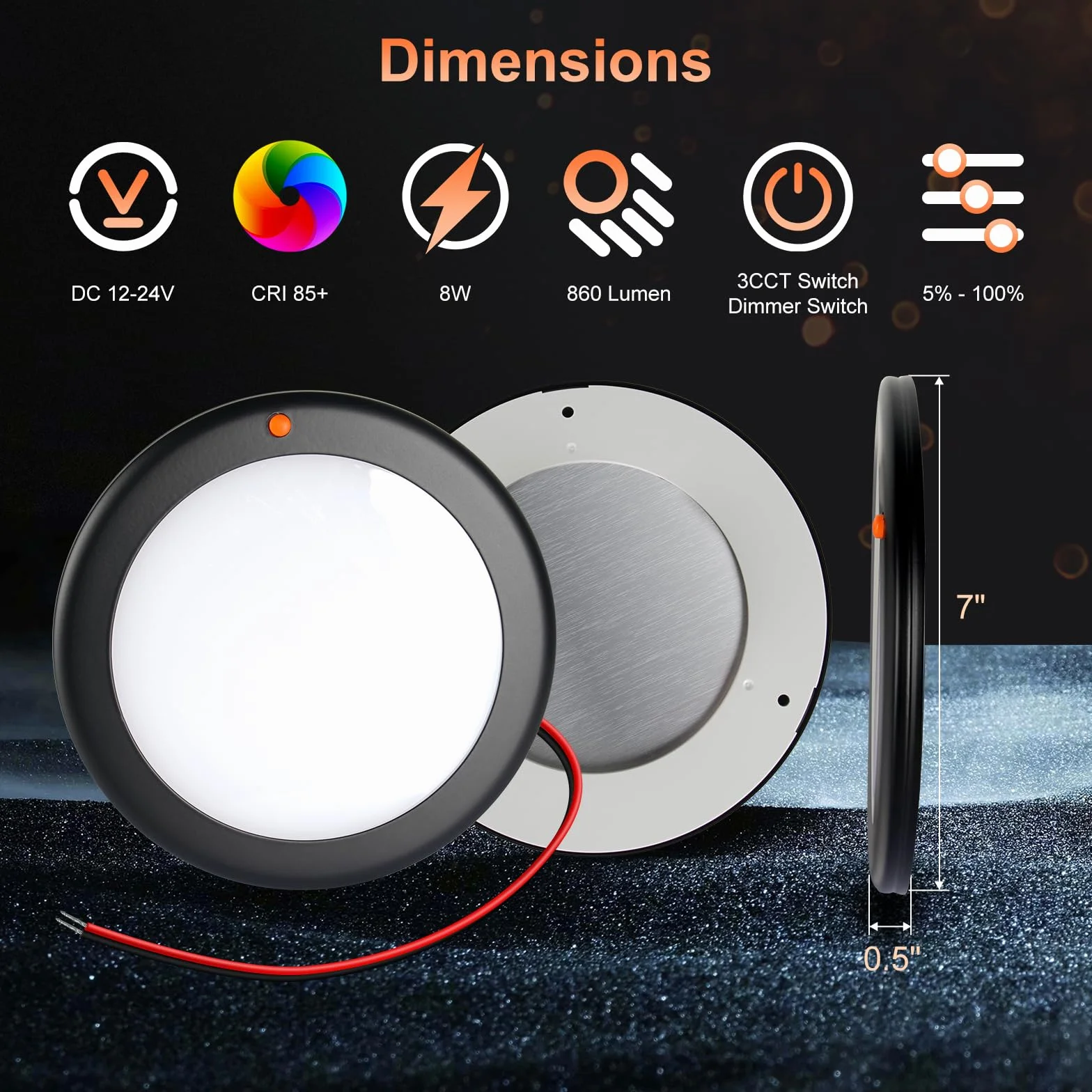 Lampa sufitowa LED 12 V Campervan-2700K / 4000K / 6000 K-860 lumenów, średnica 7,09 ″ aluminiowa przyczepa kempingowa ultra cienka ściemniana lampa LED 12 V RV do kampera przyczepy łodzi