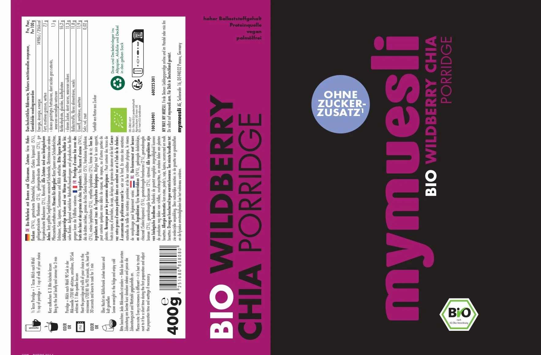 Mymuesli puszka owsianka 6 x 400 g z sernikiem jagodowym, Classic Pur, Wildberry Chia, Mak waniliowy, Choco Banana, Chrupiący cynamon jabłkowy