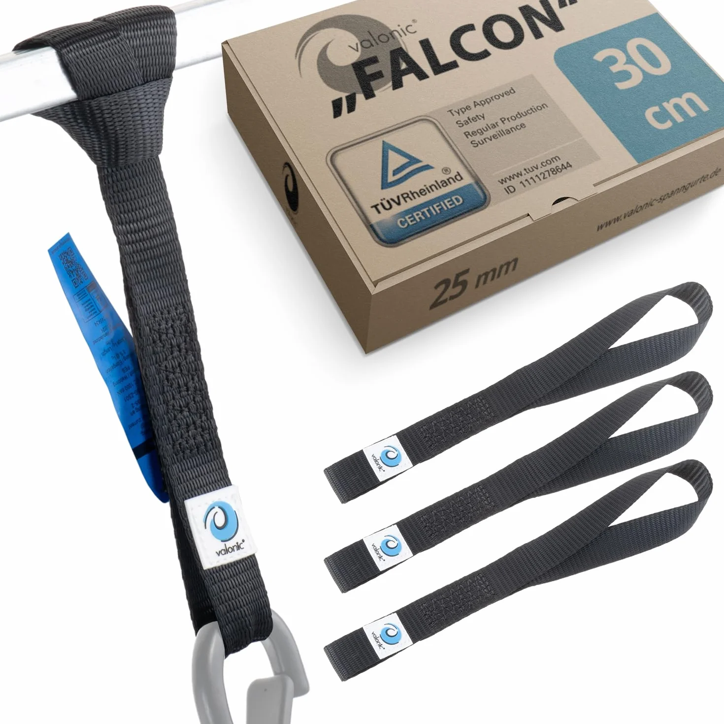 valonic Falcon - 4X Pętle mocujące, 30 cm, 25 mm, 1000 kg, TÜV Rheinl. Certyfikat EN 12195-2 - czarny, pętle pasów do transportu motocykli, pas mocujący, pasy mocujące, samochód, pętla mocująca