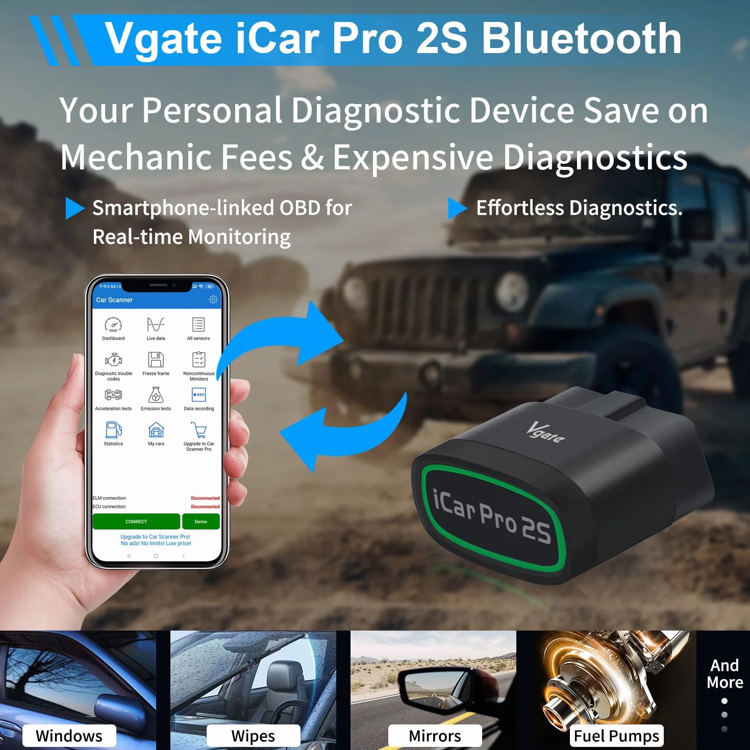 Vgate iCar Pro 2S Bluetooth OBD2 narzędzie diagnostyczne do systemów iOS, Android i Windows, narzędzie do skanowania samochodu obsługuje pojazdy elektryczne i hybrydowe