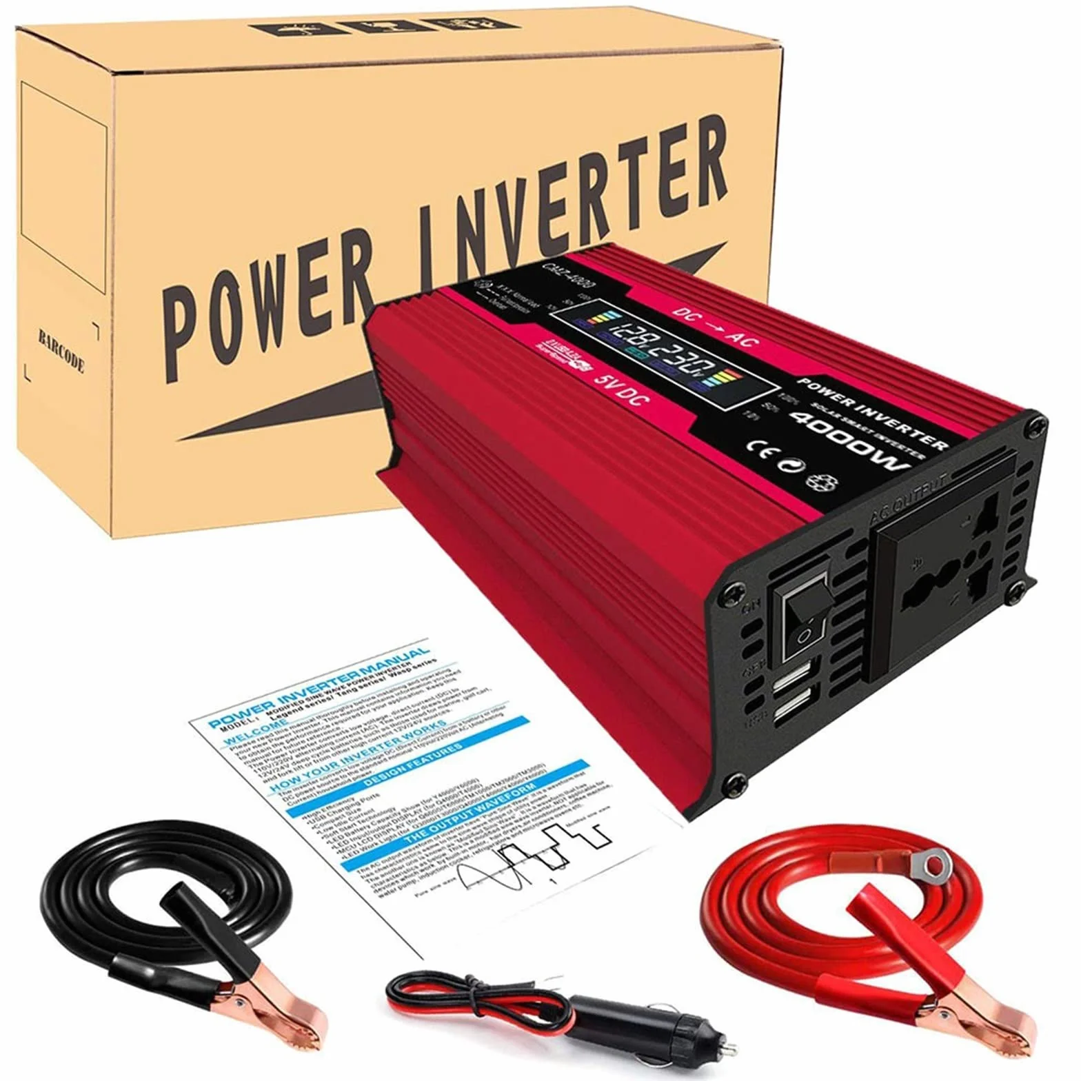 Falownik 4000W zmodyfikowana fala sinusoidalna przetwornica napięcia 12V 220 fala sinusoidalna 12V do 220 do generatora konwerterów domowych z przetwornicą częstotliwości ładowania LCD(4000W Red)