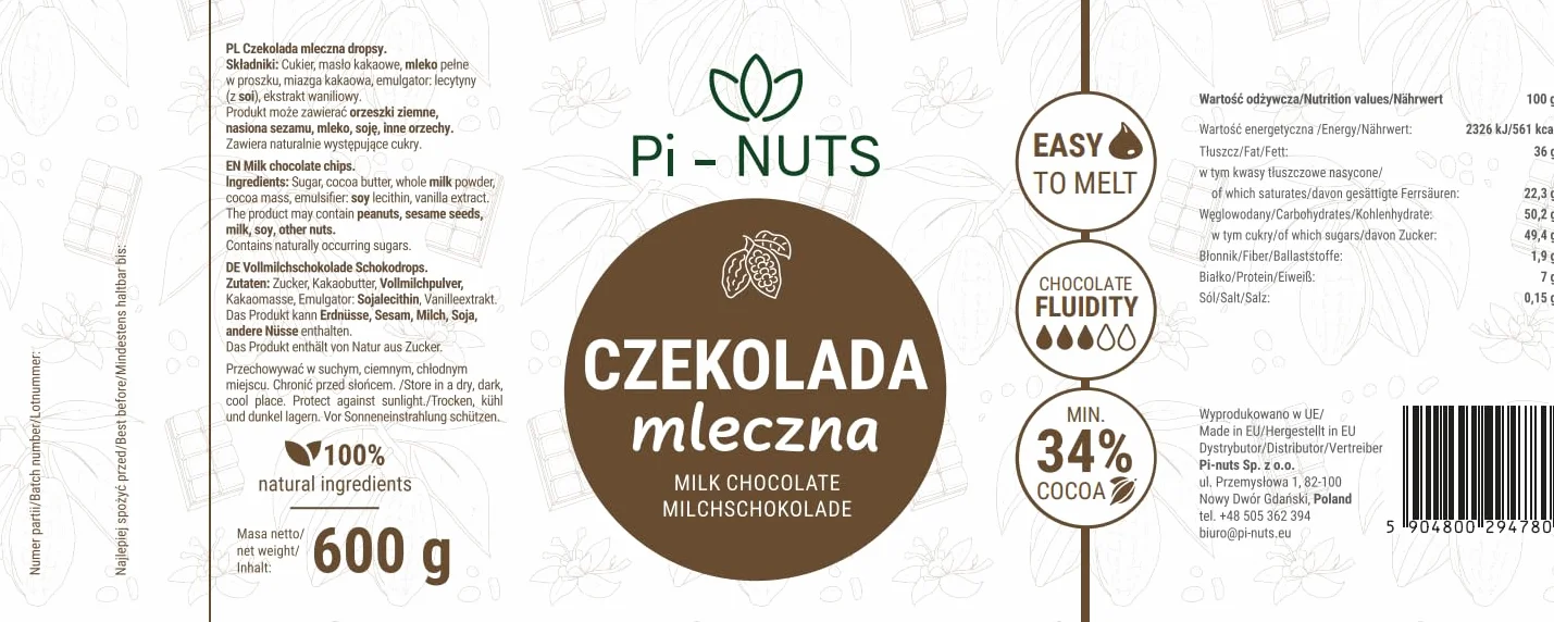 Czekolada mleczna 34% 600g dropsy do deserów
