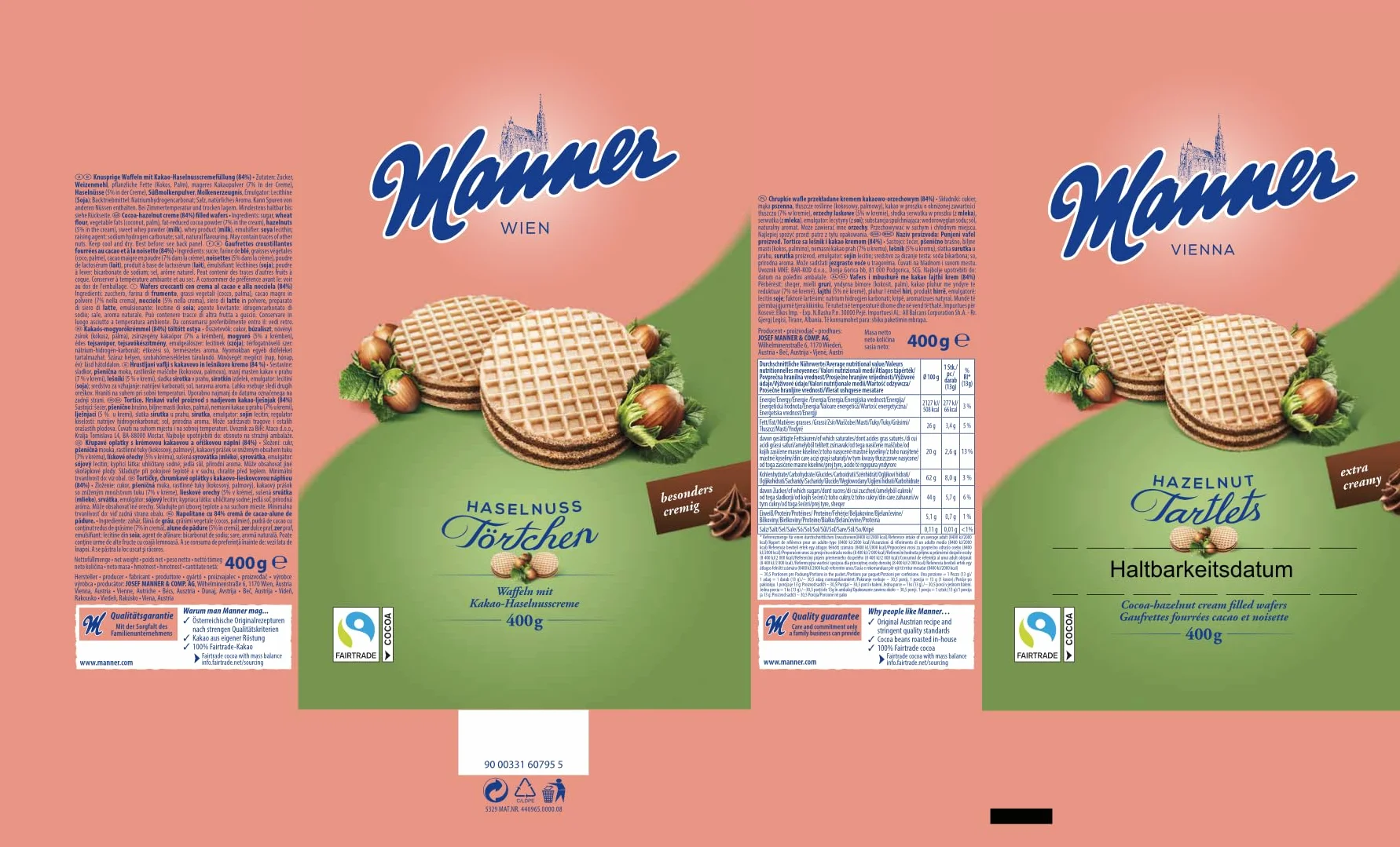 Manner Neapolitaner wegańskie chrupiące wafle z kremem z orzechów laskowych 400 g