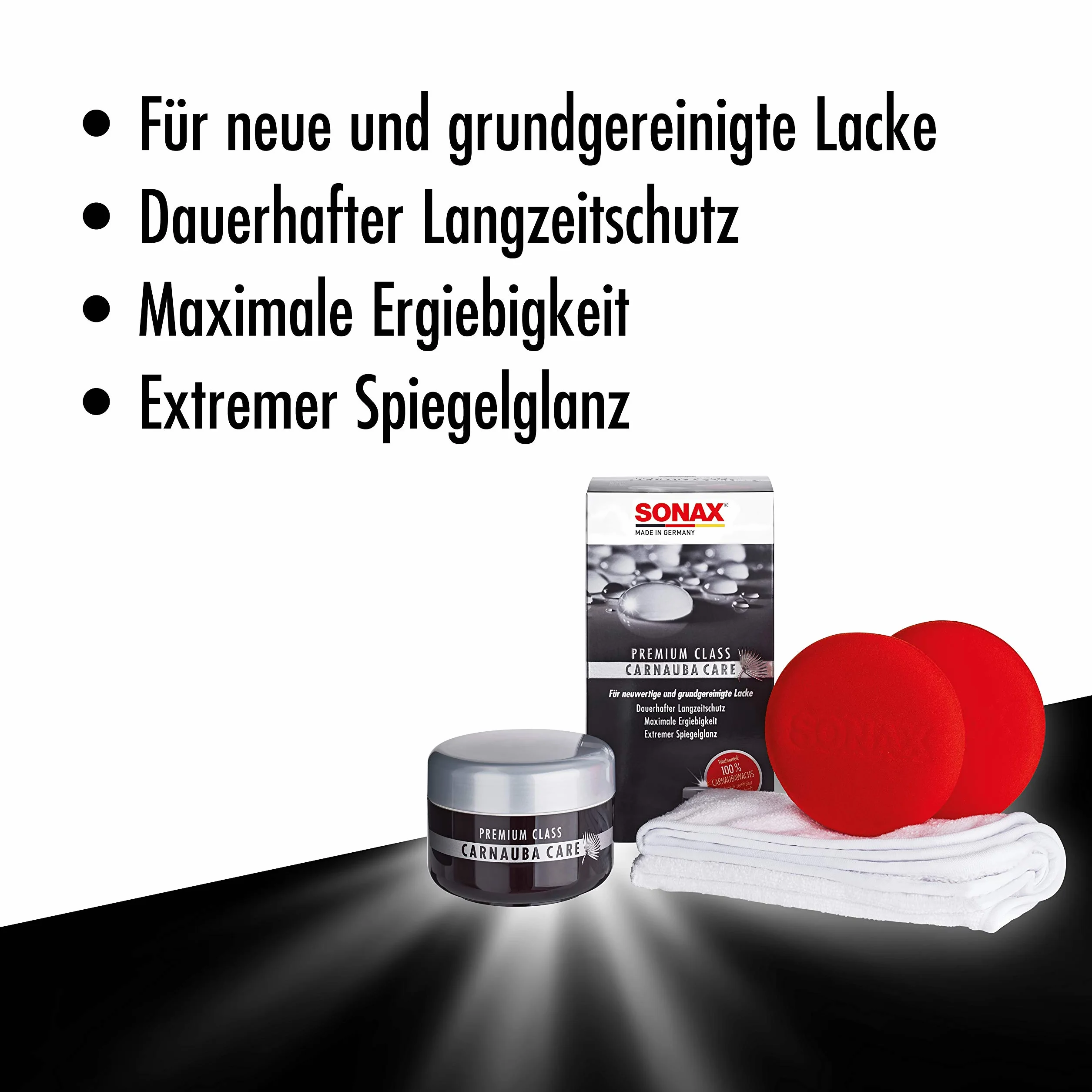 SONAX 02112000 Premium Class CarnaubaCare, zestaw składający się z twardego wosku 200 ml, 2 gąbki do aplikacji, ściereczki z mikrofibry
