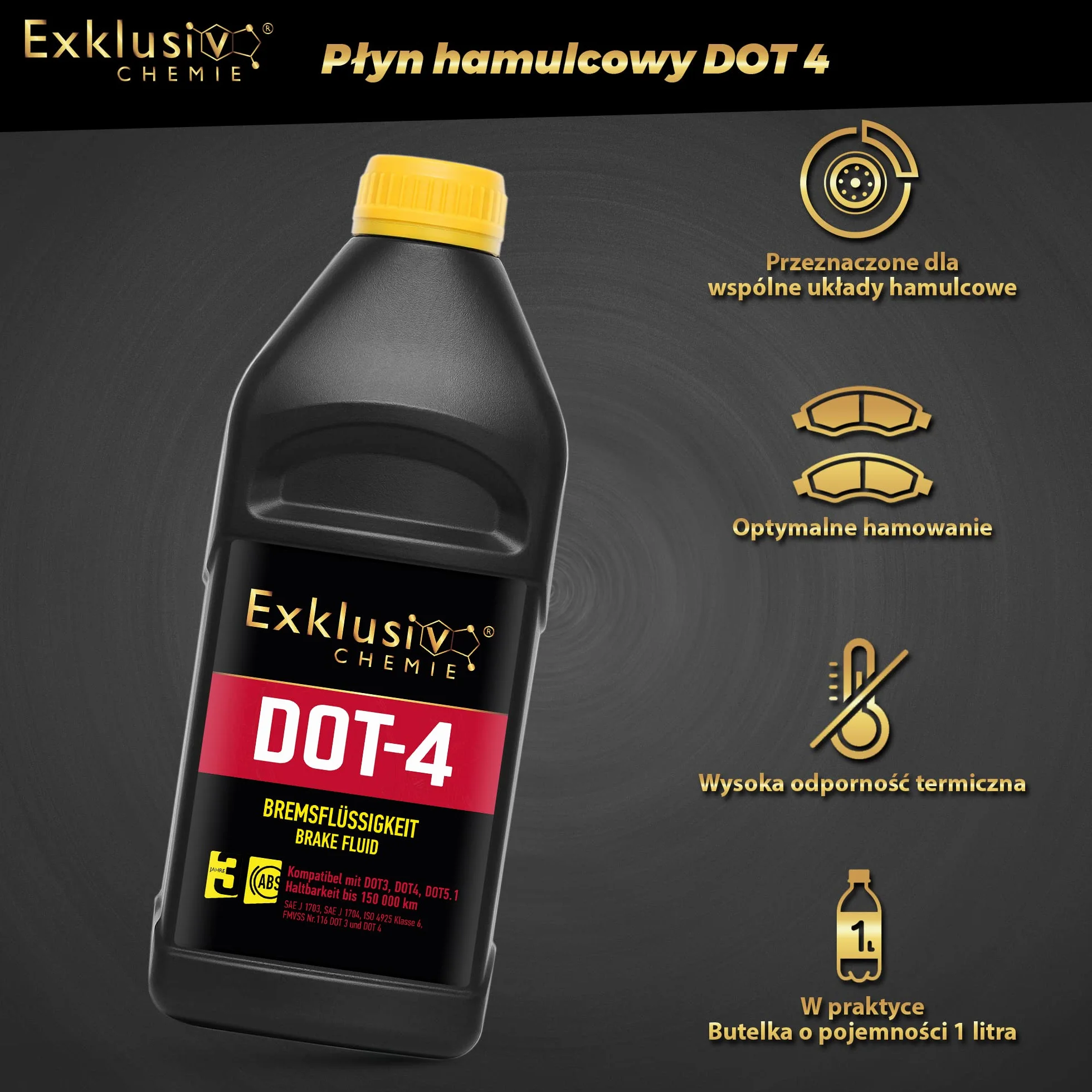 Exklusiv Chemie® Płyn hamulcowy DOT-4 | Do układów hamulcowych z ABS, TCS i ESP/DSC | Markowy płyn hamulcowy wysokiej jakości | Zoptymalizowana skuteczność hamulców | 1000ml