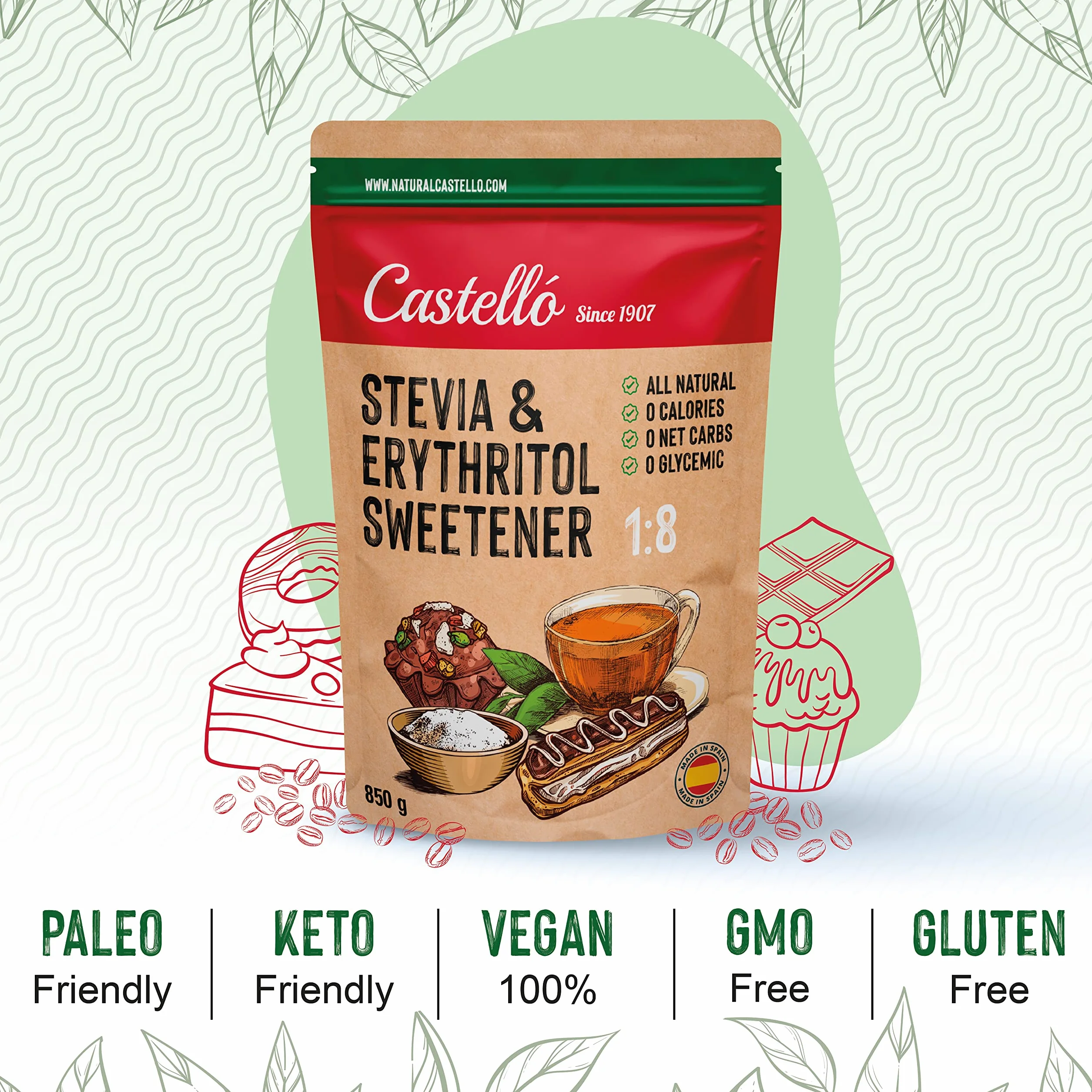 Castello Słodzik Stevia Erytrytol 1:8 850 g 0 Kalorii Keto Paleo Bez GMO