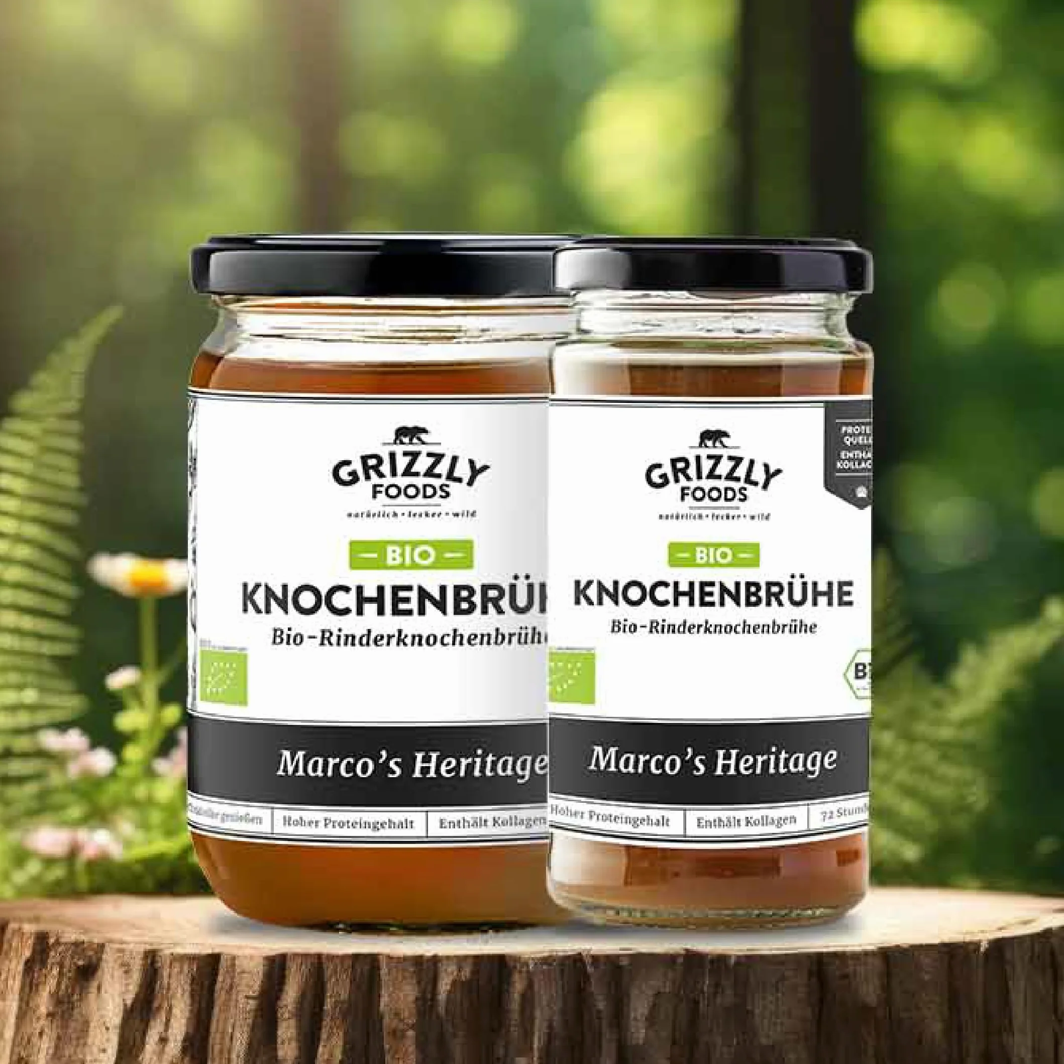Grizzly Foods • Bio bulion z kości wołowej (6 x 500 ml) • 25 g kolagenu na szklankę • gotowany przez 72 godziny • 100% naturalny • bez cukru, bez dodatków • wartościowe składniki odżywcze • Bone Broth