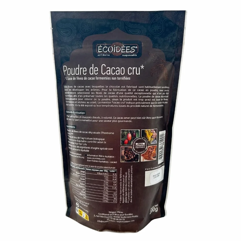 Kakao w proszku organicznym - surowy kakao w proszku - bez cukru - jakość premium | 200 g | Ecoidées