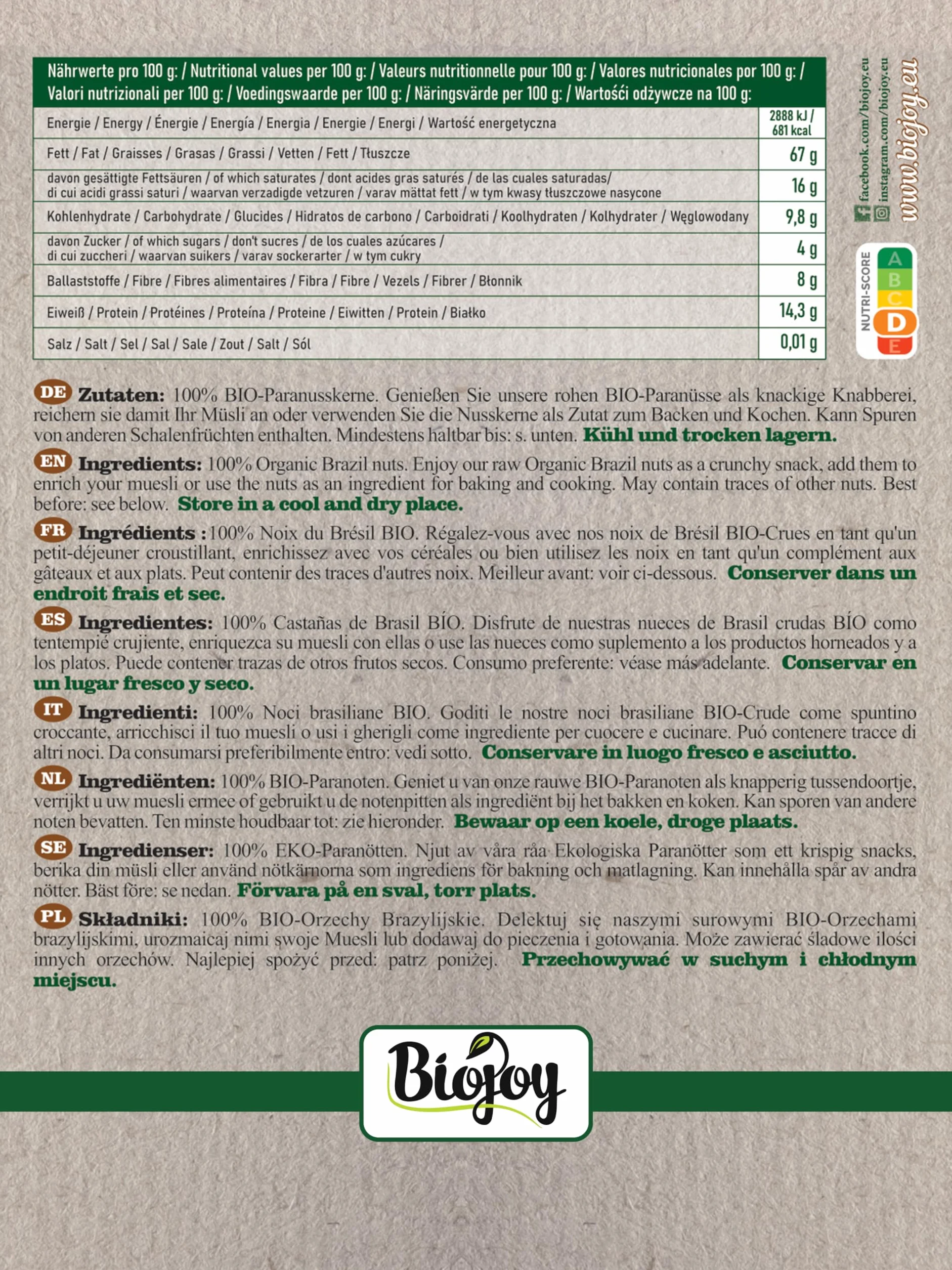 Biojoy BIO-Orzechy brazylijskie surowe niesolone 500 g