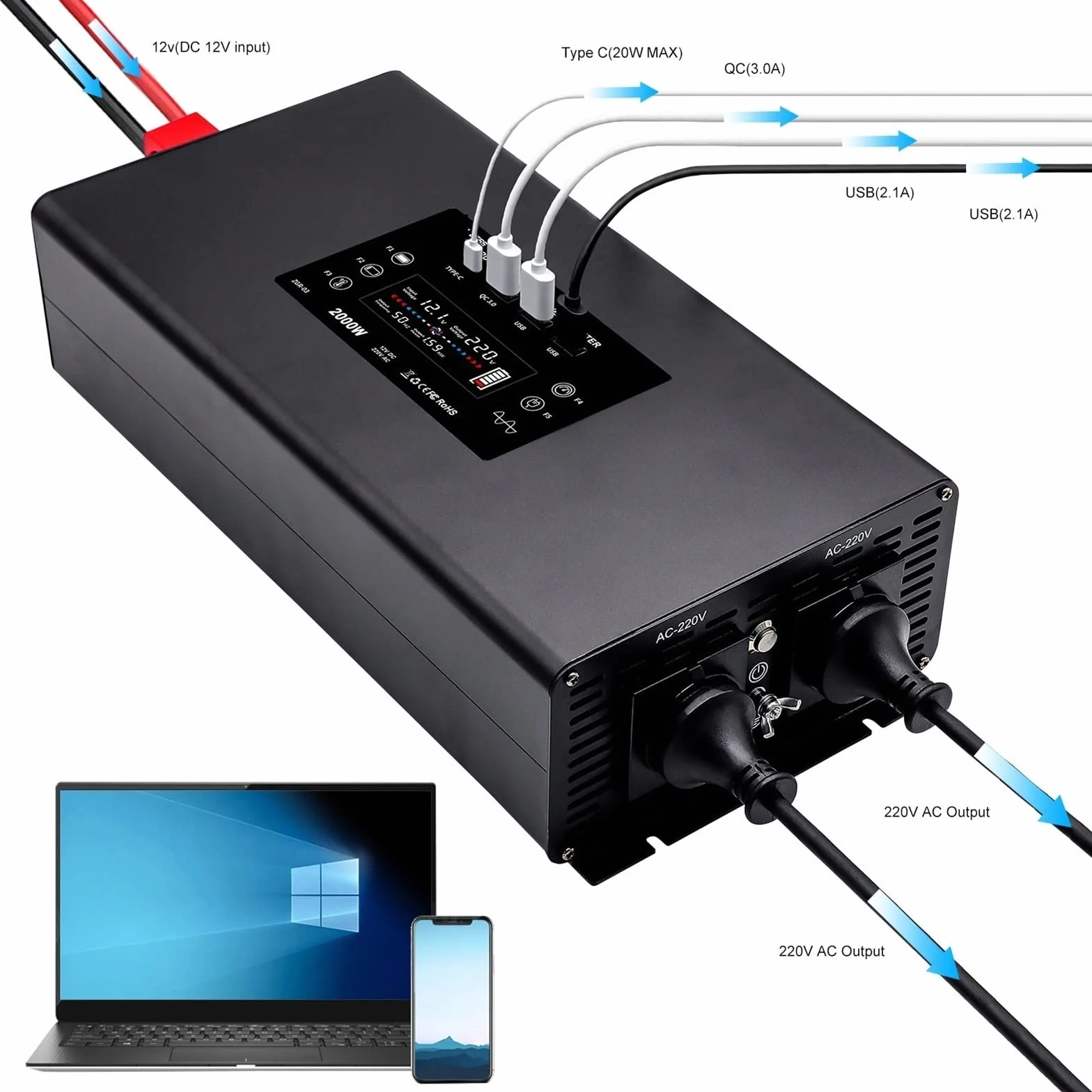 Falownik, Czysta fala sinusoidalna przetwornica mocy moc szczytowa 4000W DC 12V 24V 36V 48V 60V do AC 220 230 ciągła 2000W