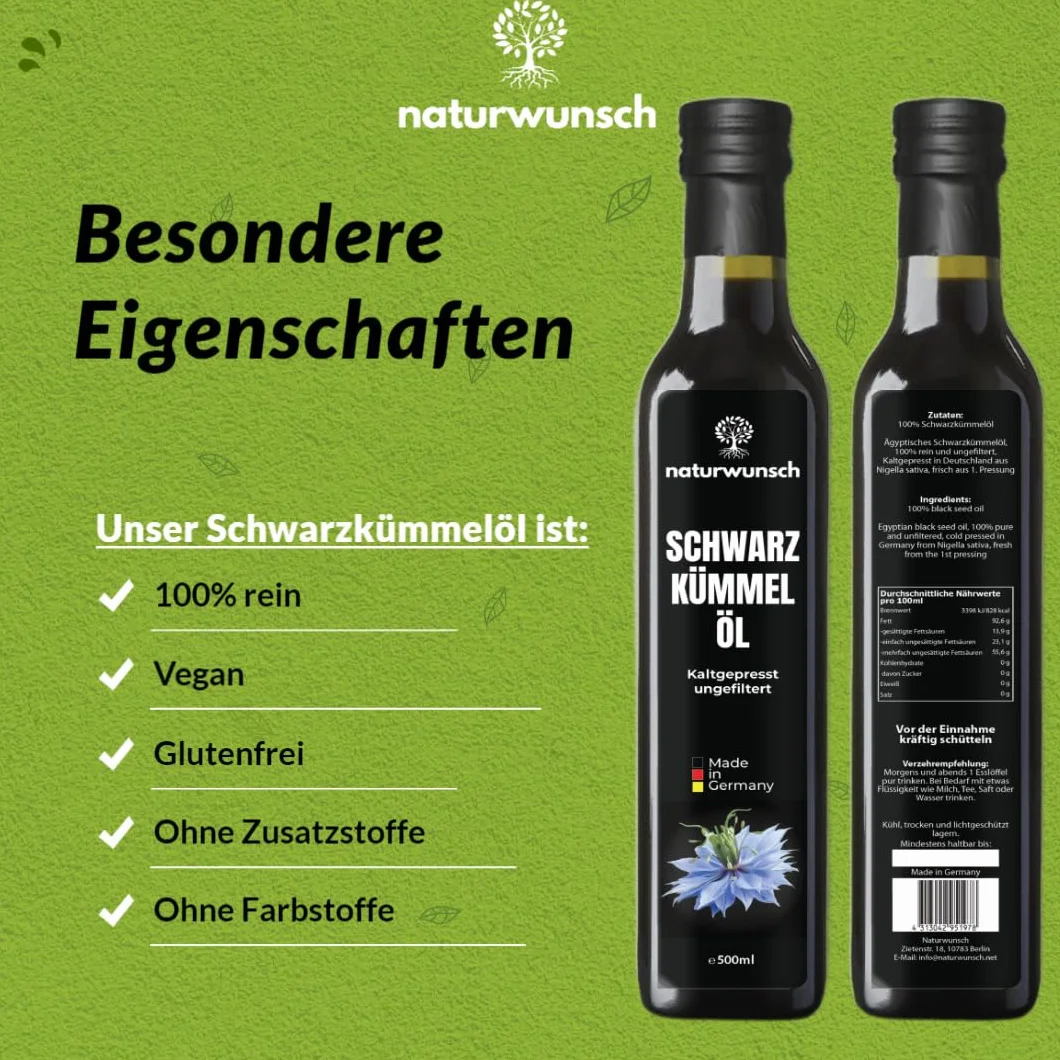 naturwunsch Olej z czarnuszki 500 ml, niefiltrowany, tłoczony na zimno, świeżo wyprodukowany w Niemczech – oryginalny Nigella Sativa