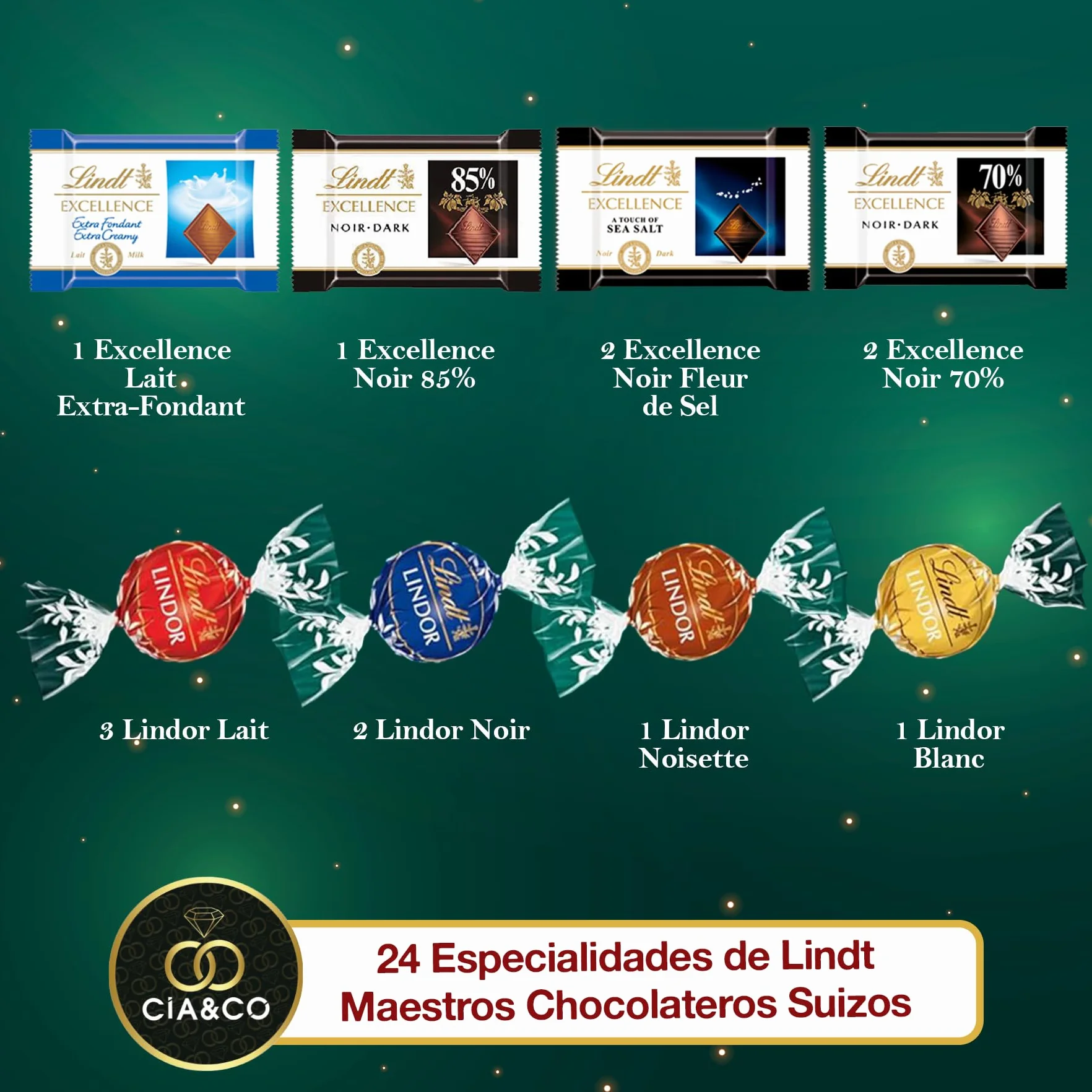Kalendarz Adwentowy LINDT 2025 Choinka · 24 Szwajcarskie Czekoladki Lindor & Excellence · Zestaw Gourmet z Misiami, Sercami i Pralinami · Z Personalizowaną Kartką Cia&Co 221 g · Idealny Prezent Świąte