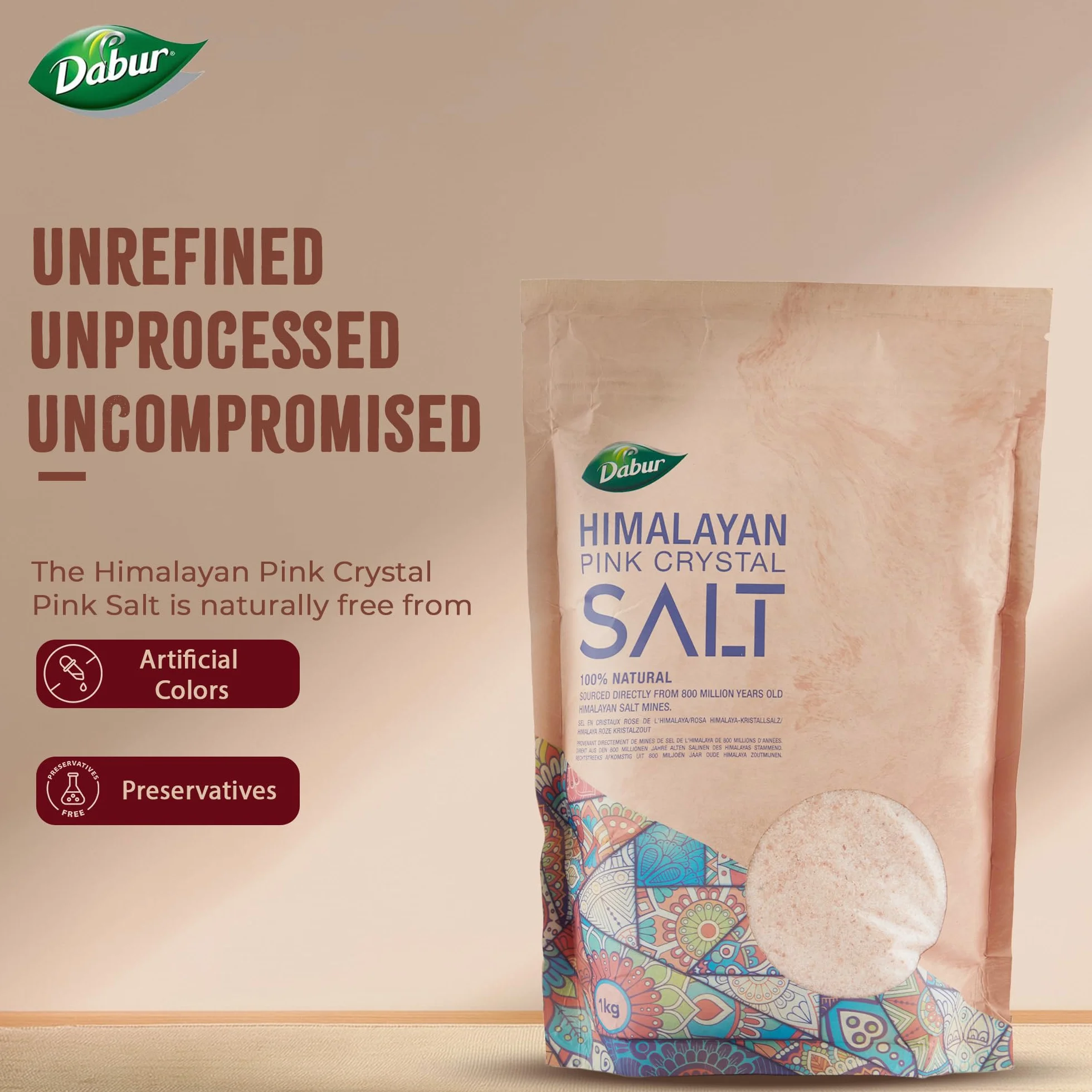 Dabur Himalayan Pure Pink Crystal Salt 1kg Natural Unrefined Gluten Free Halal Kosher Certified