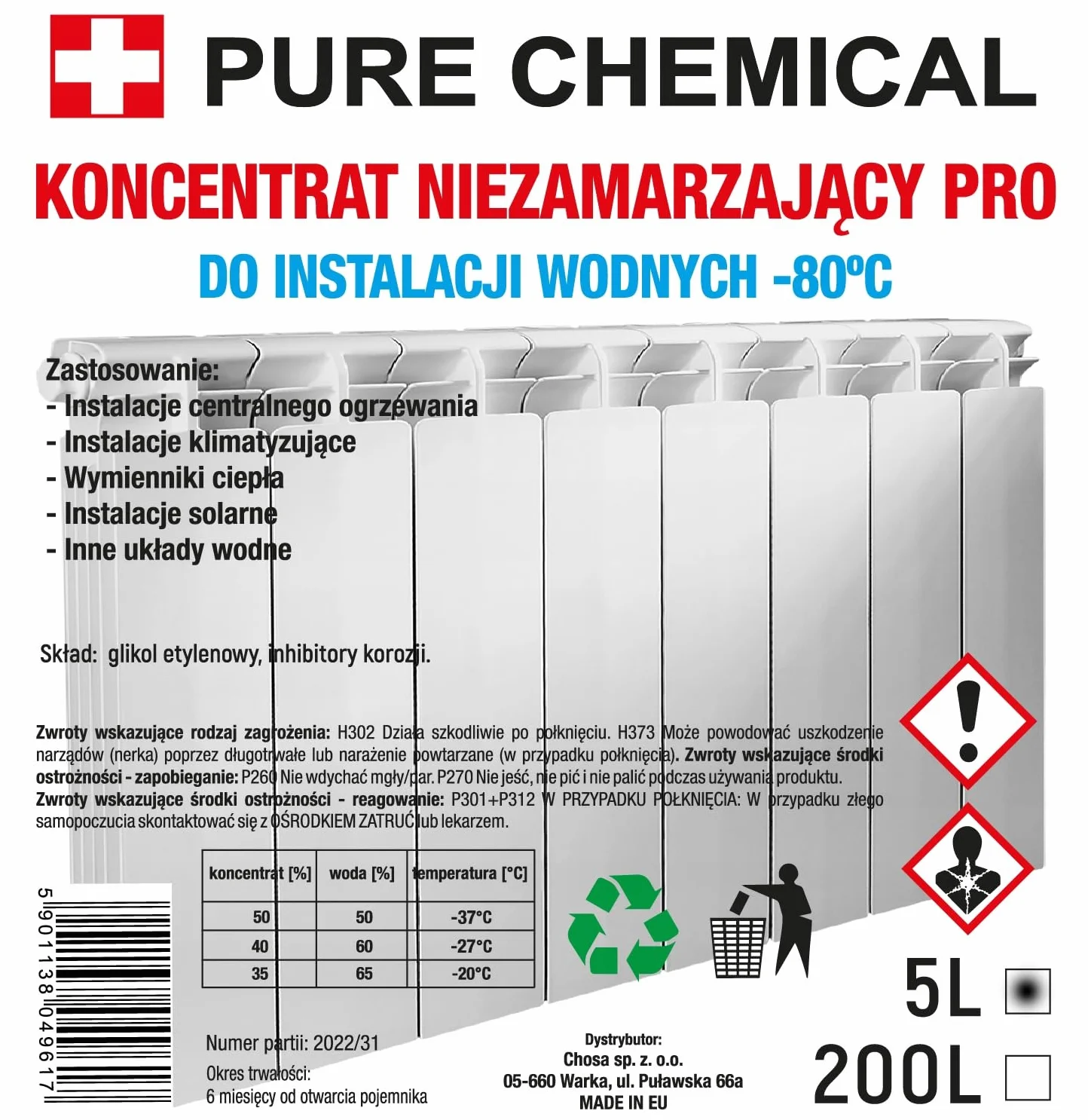 PURE CHEMICAL – koncentrat płynu niezamarzającego do systemów grzewczych i chłodniczych – ochrona przed korozją – wysoka wydajność – do pomp ciepła i kominków z płaszczem wodnym, -80°C 5L