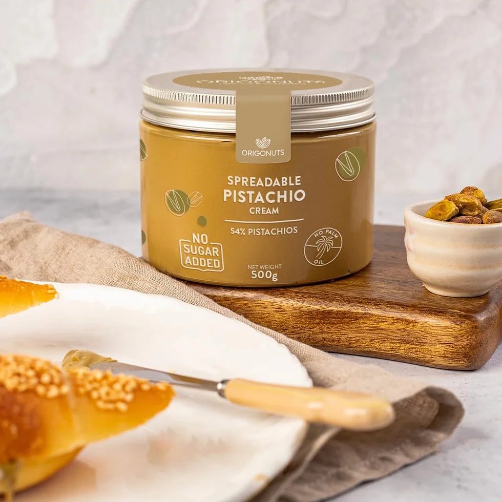 ORIGONUTS - Krem Pistacjowy - Pasta Pistacjowa 54% pistacji, słodzona maltitolem, bez cukru i oleju palmowego - do ciast, ciasteczek, tortów, kremów, deserów, do lodów - 500g