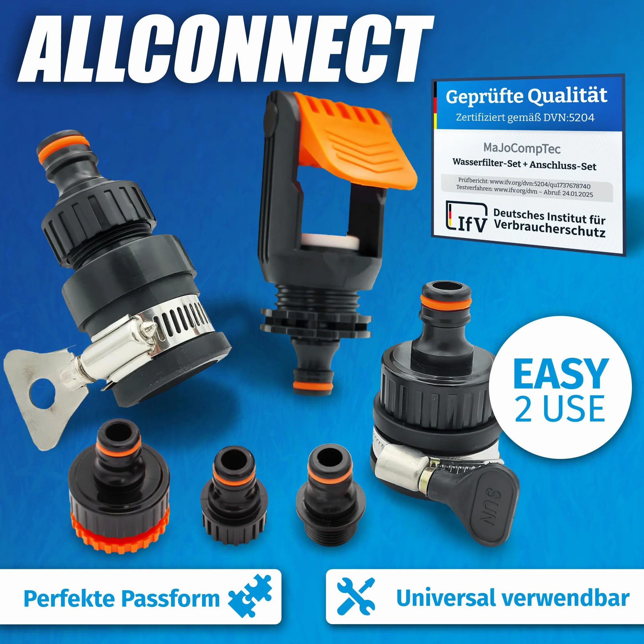 MaJoCompTec® ALLCONNECT uniwersalny zestaw przyłączeniowy do kranu, regulowane przyłącze do kranu zewnętrznego, bez gwintu, do przyczepy kempingowej, łodzi, zestaw adapterów (zestaw złodzieja wody)