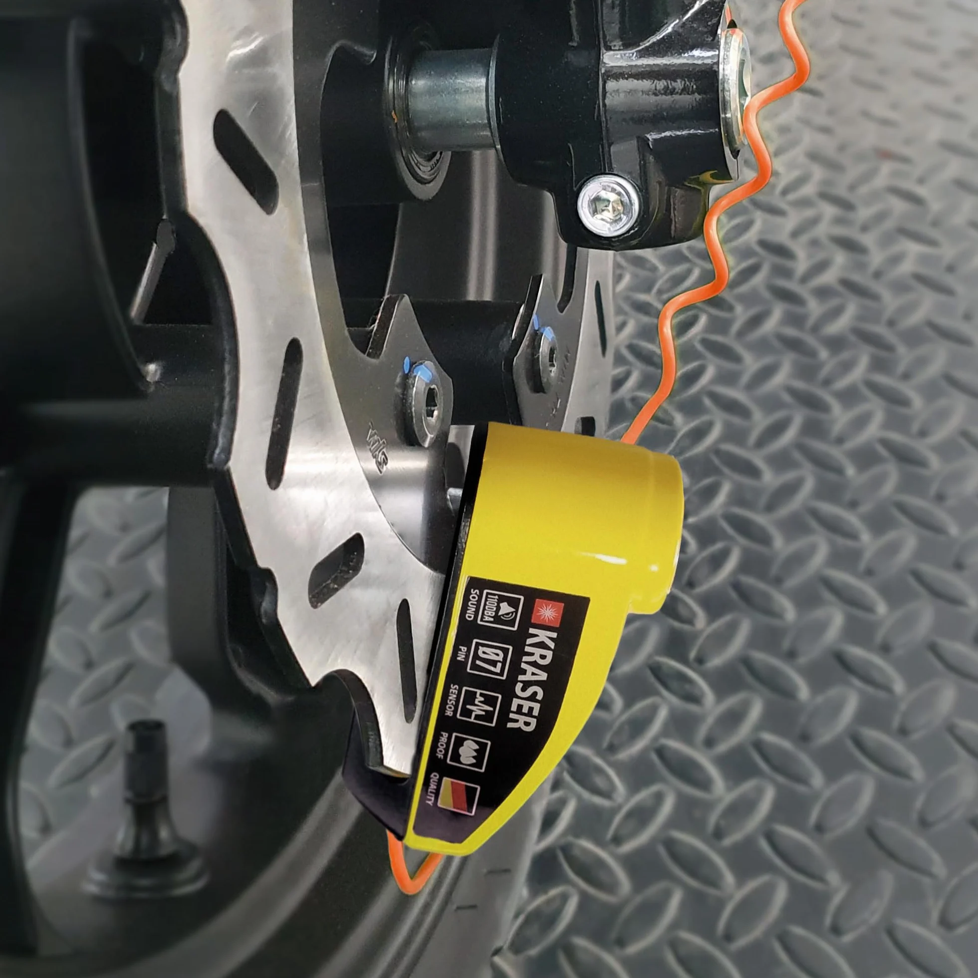 KRASER KR7Y Blokada Tarczy Alarmowej Akumulator, Zabezpieczenie przed Kradzieżą Hamulec Motocyklowy DiscLock, Kabel USB Ładowanie Baterii, Blokada Wciskana Pin ř7mm Bezpieczeństwo, Alarm 110 dB Skuter