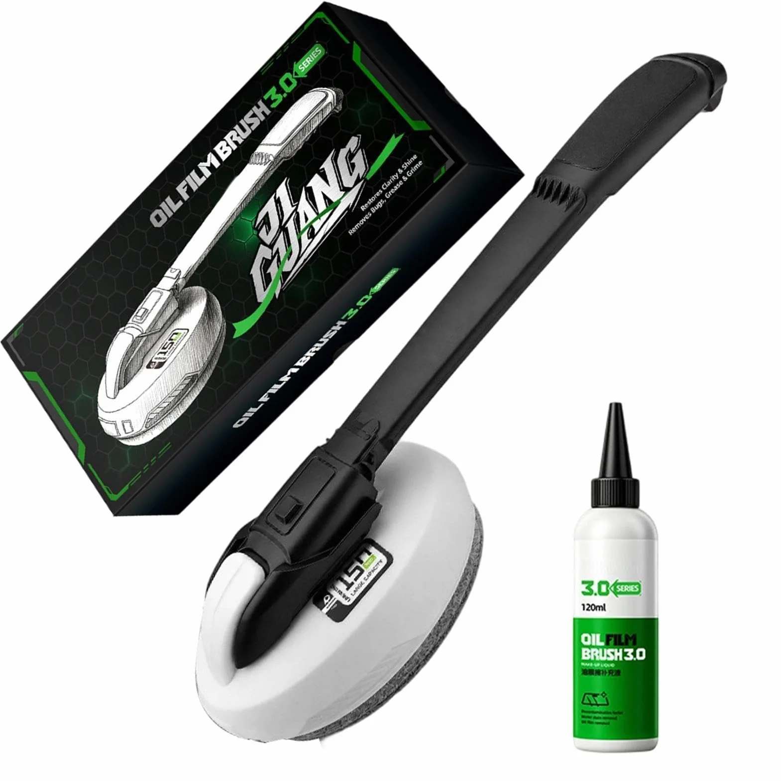 Usuwacz Filmu Olejowego Do Szyb Pędzel Z Długim Uchwytem Do Filmu Olejowego | 150ml Napełniony + 120ml Uzupełnienie Płynu do Szyb Samochodowych Do Tłuszczu, Luster, Ciężarówek, SUV, Kamperów, Domu