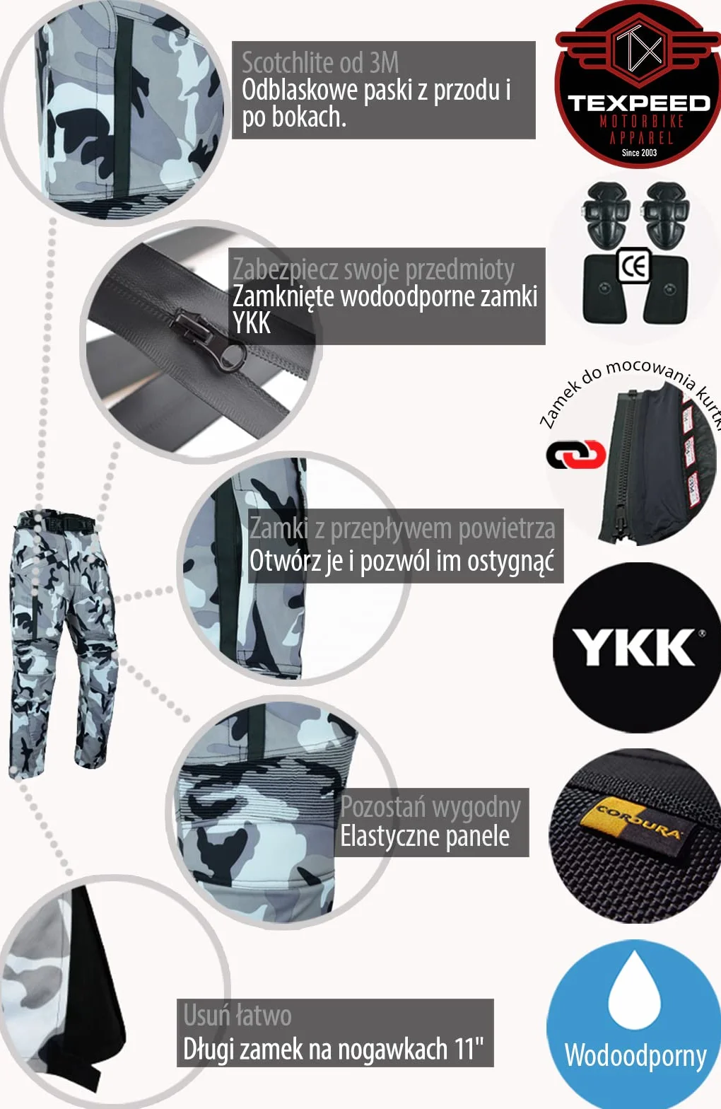 Texpeed Spodnie motocyklowe męskie ce - 4 sezony - Wodoodporne spodnie zimowe/letnie - Ochrona pancerza CE (EN 1621-1) - Kamuflaż Camouflage Szary - Wszystkie rozmiary