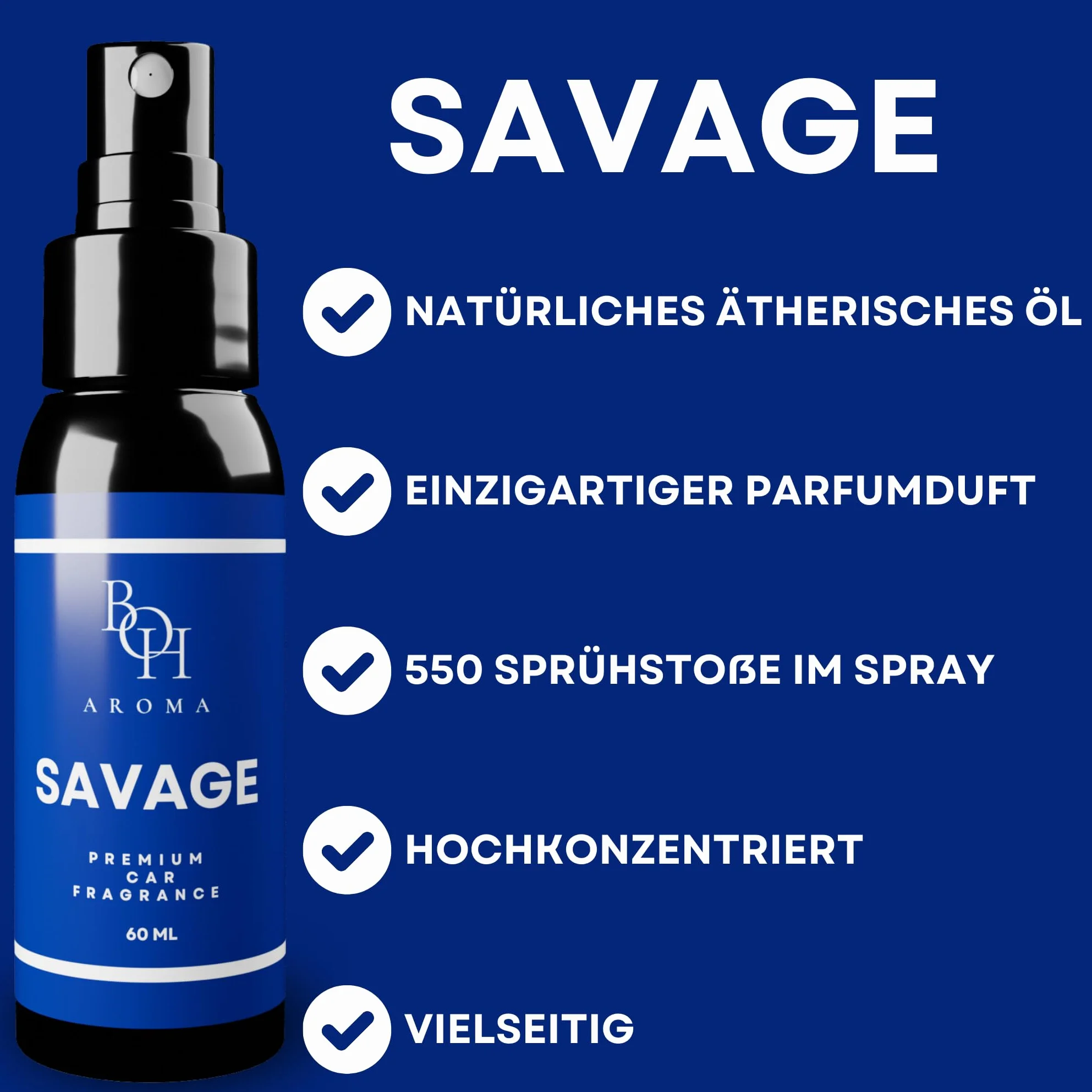 BOH-Aroma SAVAGE zapach samochodowy – odświeżacz powietrza do samochodu, neutralizuje zapachy w samochodzie, zapach samochodowy z własnymi perfumami, akcesoria samochodowe do wnętrz 60 ml