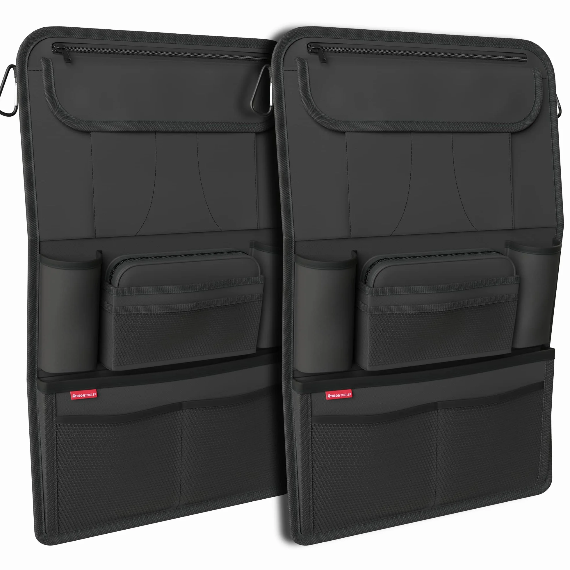ATHLON TOOLS Organizer na fotel samochodowy ze zintegrowanym uchwytem na tablet, wzmocniony tył, z dodatkowym piórnikiem, biznesowy / dla dziec, zaprojektowany w Hamburgu (kolor czarny/zestaw 2 szt.)