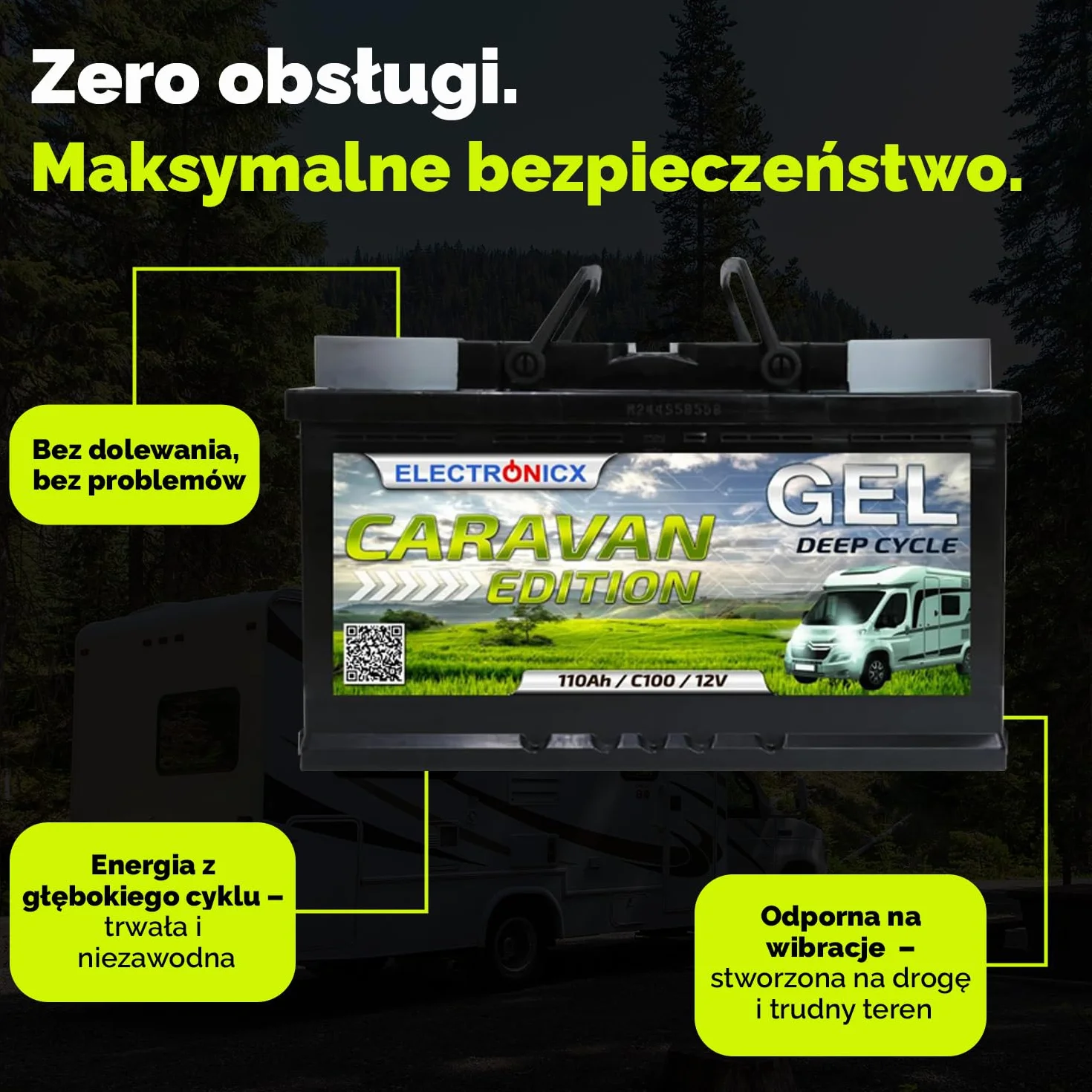Electronicx GEL Akumulator zasilający 110Ah 12V Caravan Edition – 110 Ah C100 – Akumulator żelowy do kampera, łodzi, vana i systemów solarnych off-grid – 315×175×190 mm – bezobsługowy, szczelny