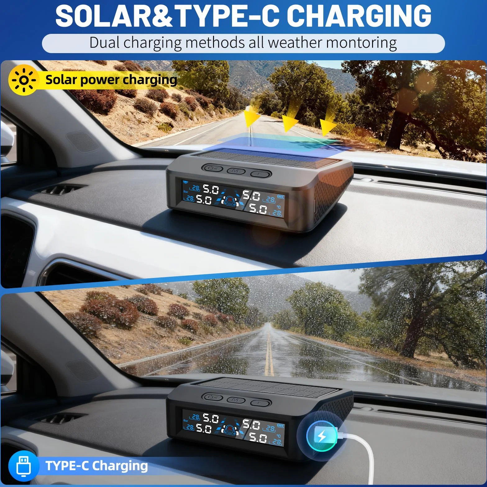 TPMS system monitorowania ciśnienia w oponach, ładowanie energią słoneczną/USB, alarmy w kabinie, alarmy temperatury, do kampera, sedana, SUV, MPV, przyczepy, motocykla itp., 4 czujniki