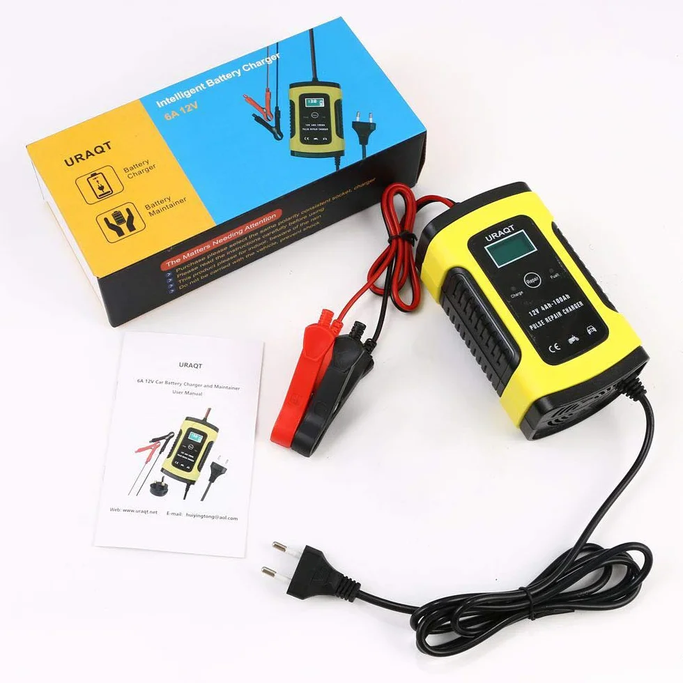 URAQT Ładowarka do akumulatora samochodowego, 6 A/12 V, w pełni automatyczna, inteligentna ładowarka podtrzymująca z wyświetlaczem LCD, odsiarczanie baterii z ochroną wielokrotną do samochodu, motocykla, łodzi (żółta)