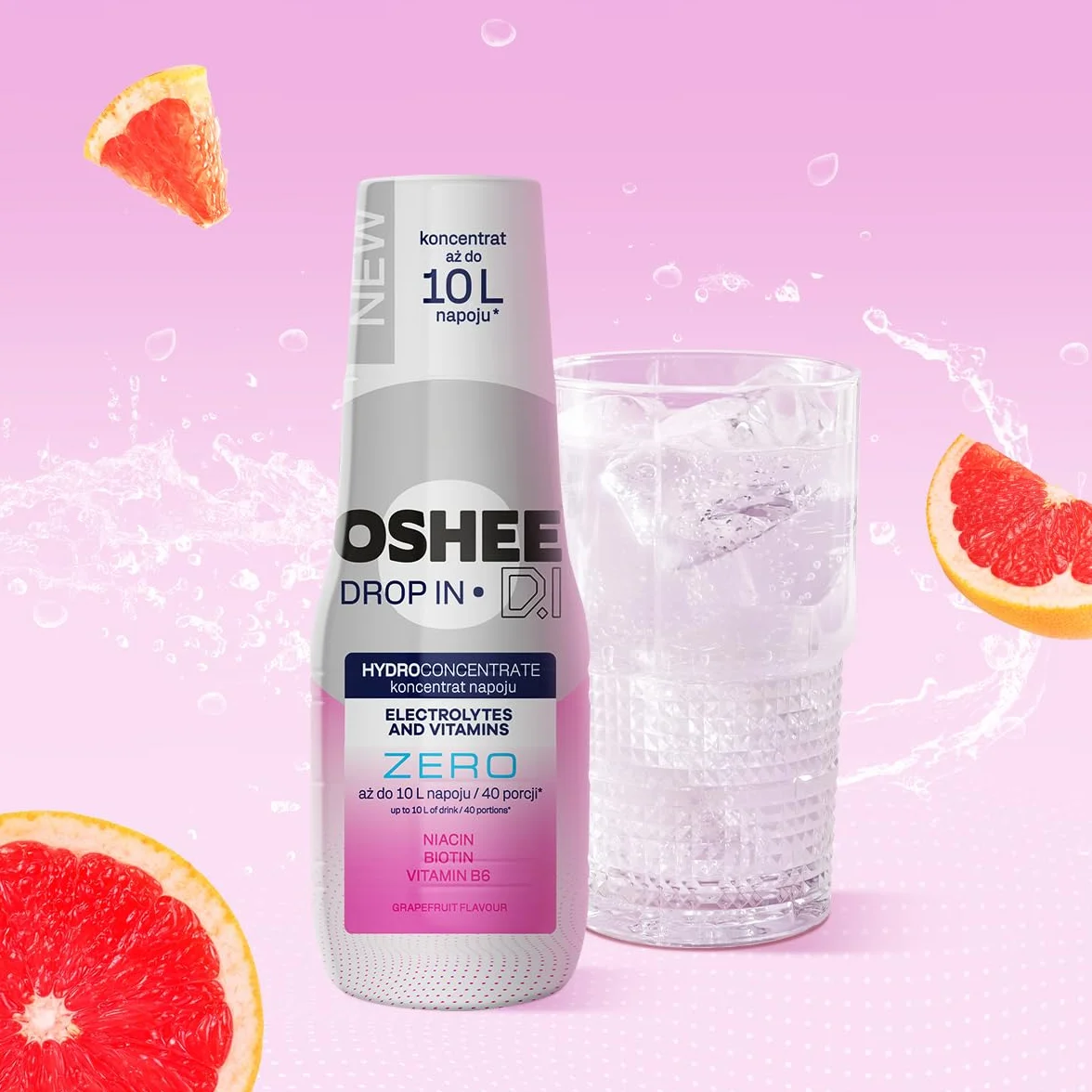OSHEE DROP IN Zero Hydrokoncentrat Grejpfrutowy 500ml z Elektrolitami i Witaminami 10L Napoju 40 Porcji