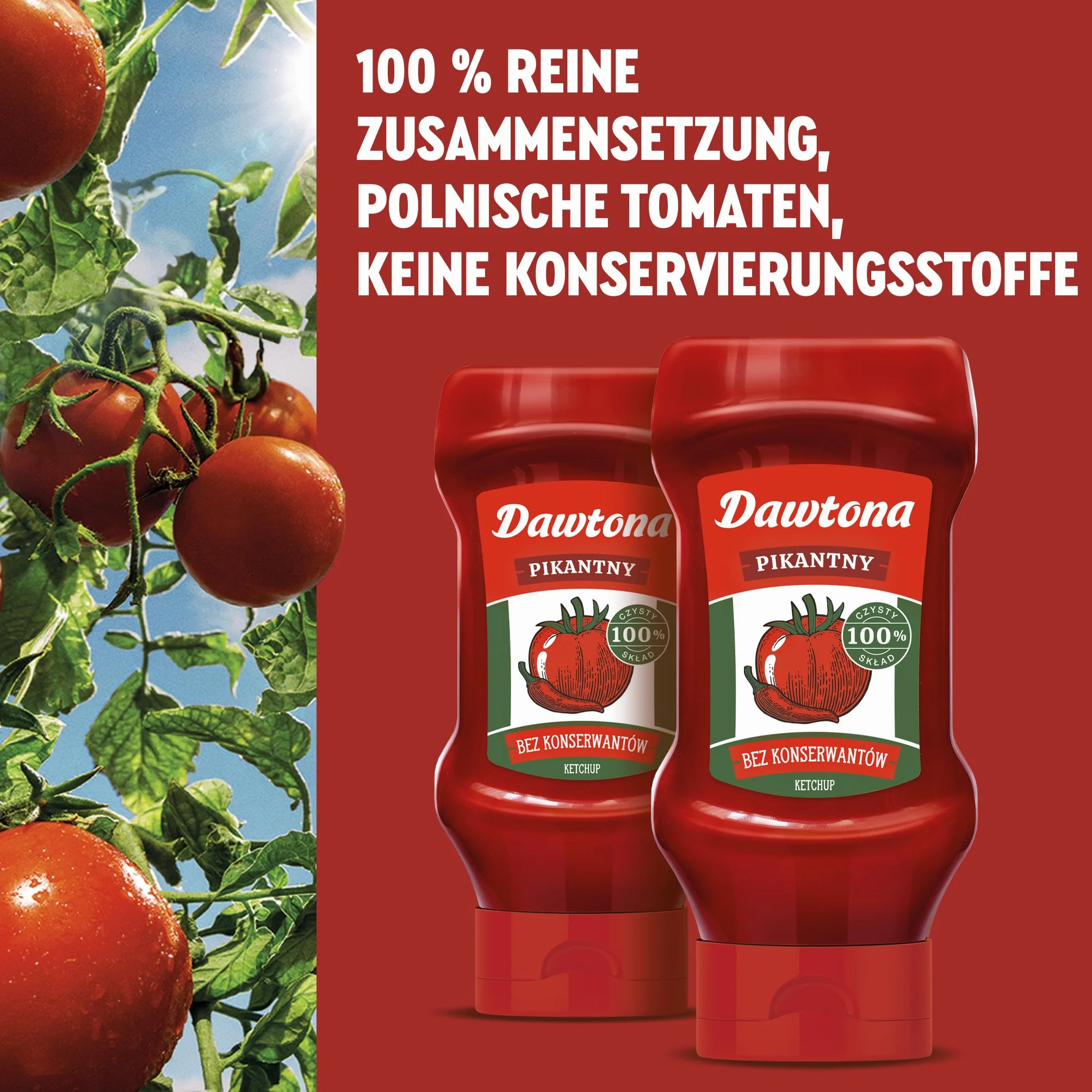 DAWTONA Ketchup Pikantny 10 x 450g, 100% Czysty Skład z Polskich Pomidorów, Bez Konserwantów i Bez Skrobi, Naturalnie Gęsty - Wyrazisty Smak Idealny do Pizzy, Mięs, Burgerów i Zapiekanek