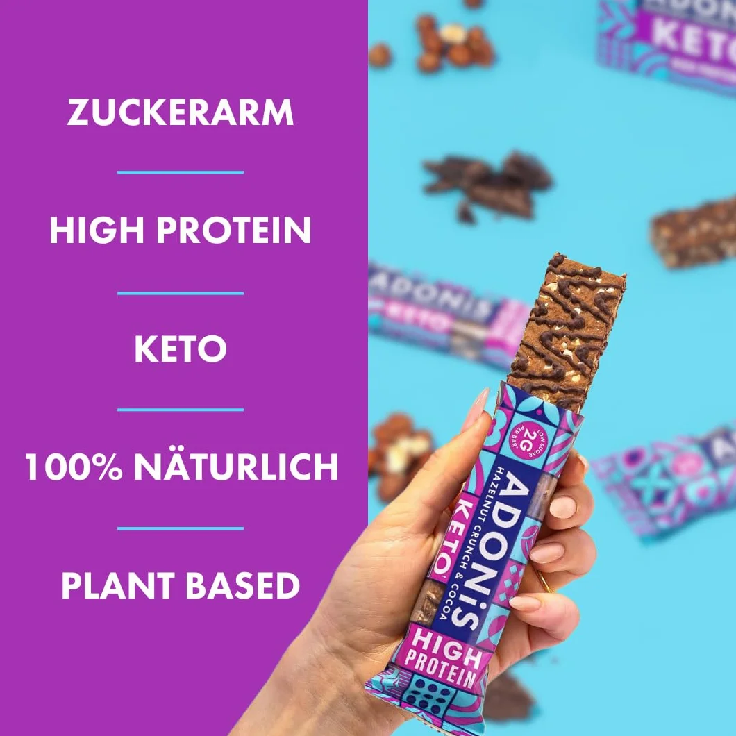 Adonis Proteinowy Keto Batonik Orzechami Laskowymi Czekolasowy Baton Keto Bar Naturalne Low Carb Wysoka białka Niskowęglowdanowy Wegański Niski Cukier Niskokaloryczne Utrata Wagi 16 Sztuk