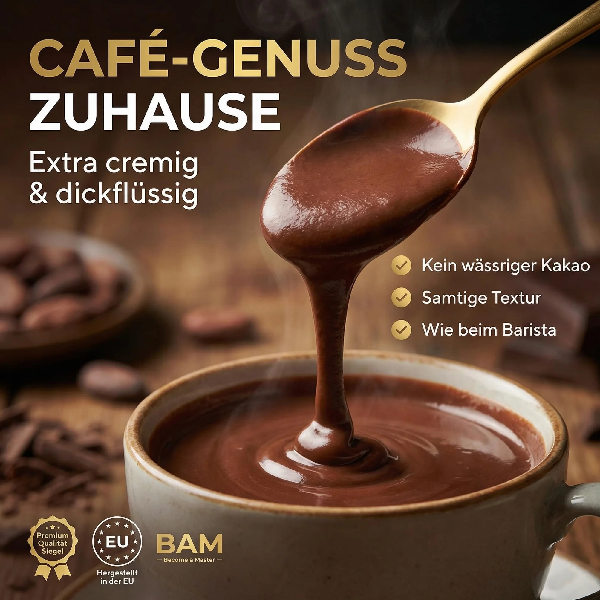 BAM Luksusowa mieszanka bardzo ciemnej gorącej czekolady w proszku z 34% kakao, 220 g, 7 porcji