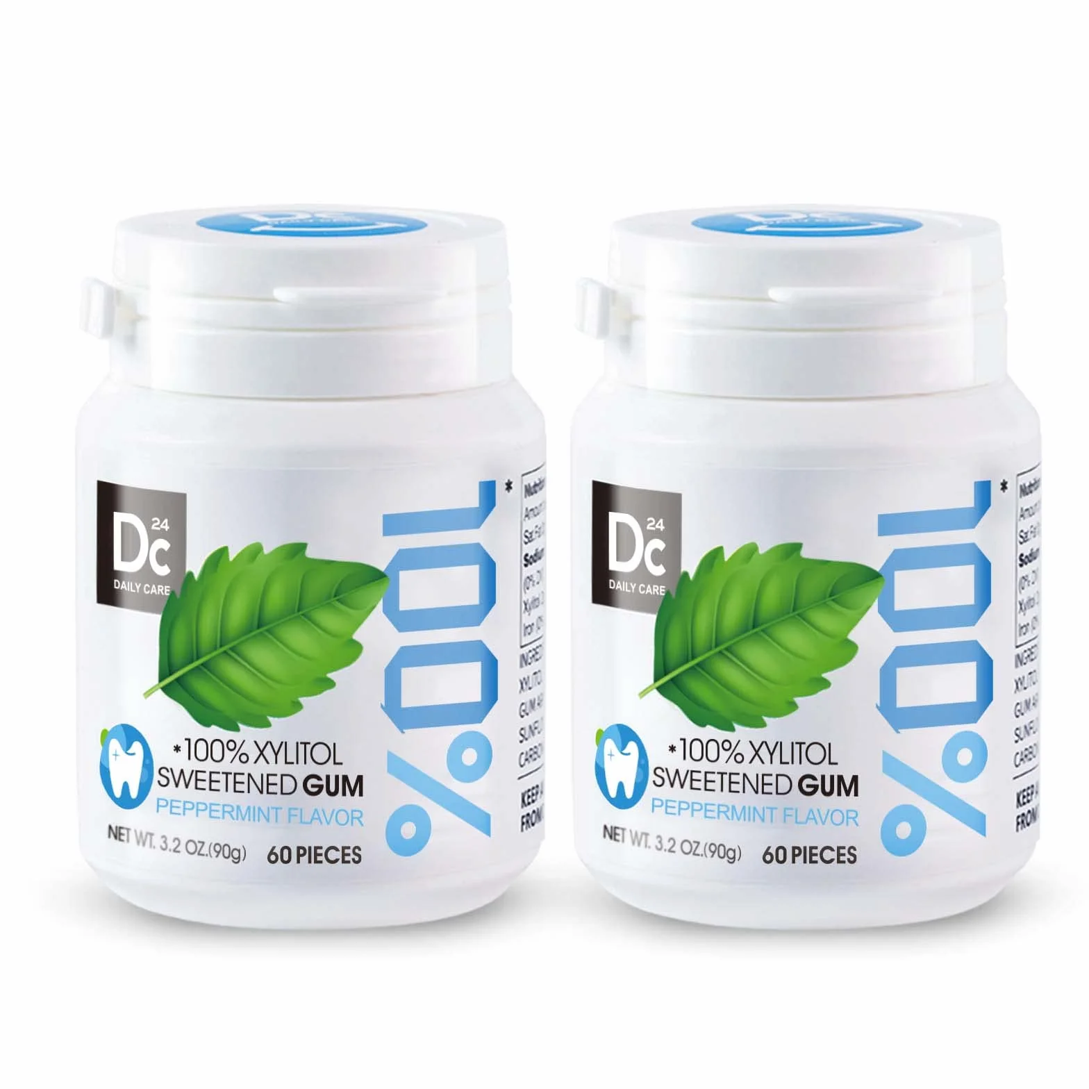 DC24 DAILY CARE Guma do żucia z 100% Ksylitolem‌, Bez aspartamu, Bez cukru, Naturalne aromaty miętowe Bezglutenowa, Wegańska, 60 sztuk (2 opakowania)