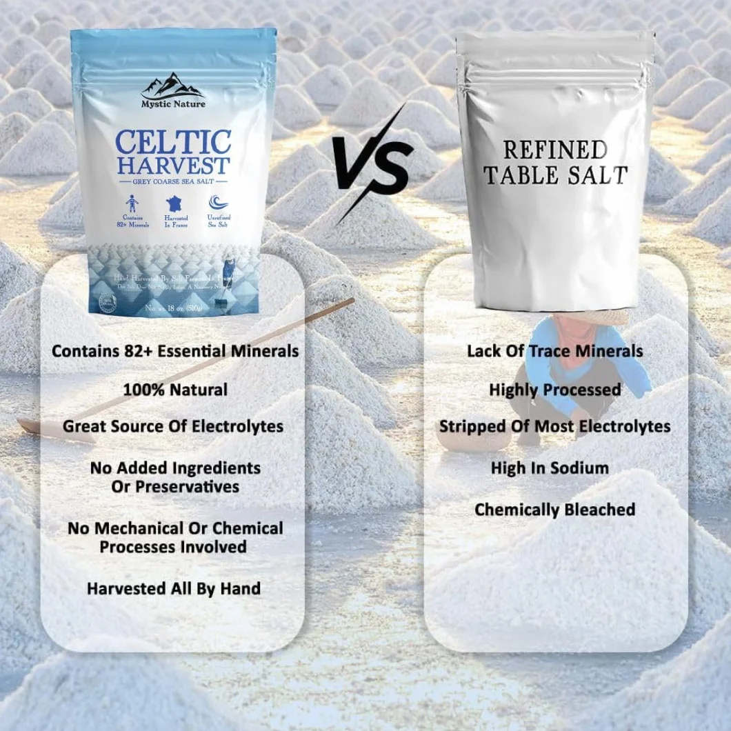 Mystic Nature Celtycka sól morska – 500 g | 100% naturalna nierafinowana sól celtycka | zbierana ręcznie przy użyciu zrównoważonych i przyjaznych dla środowiska praktyk | Zawiera 82+ minerałów | Marka