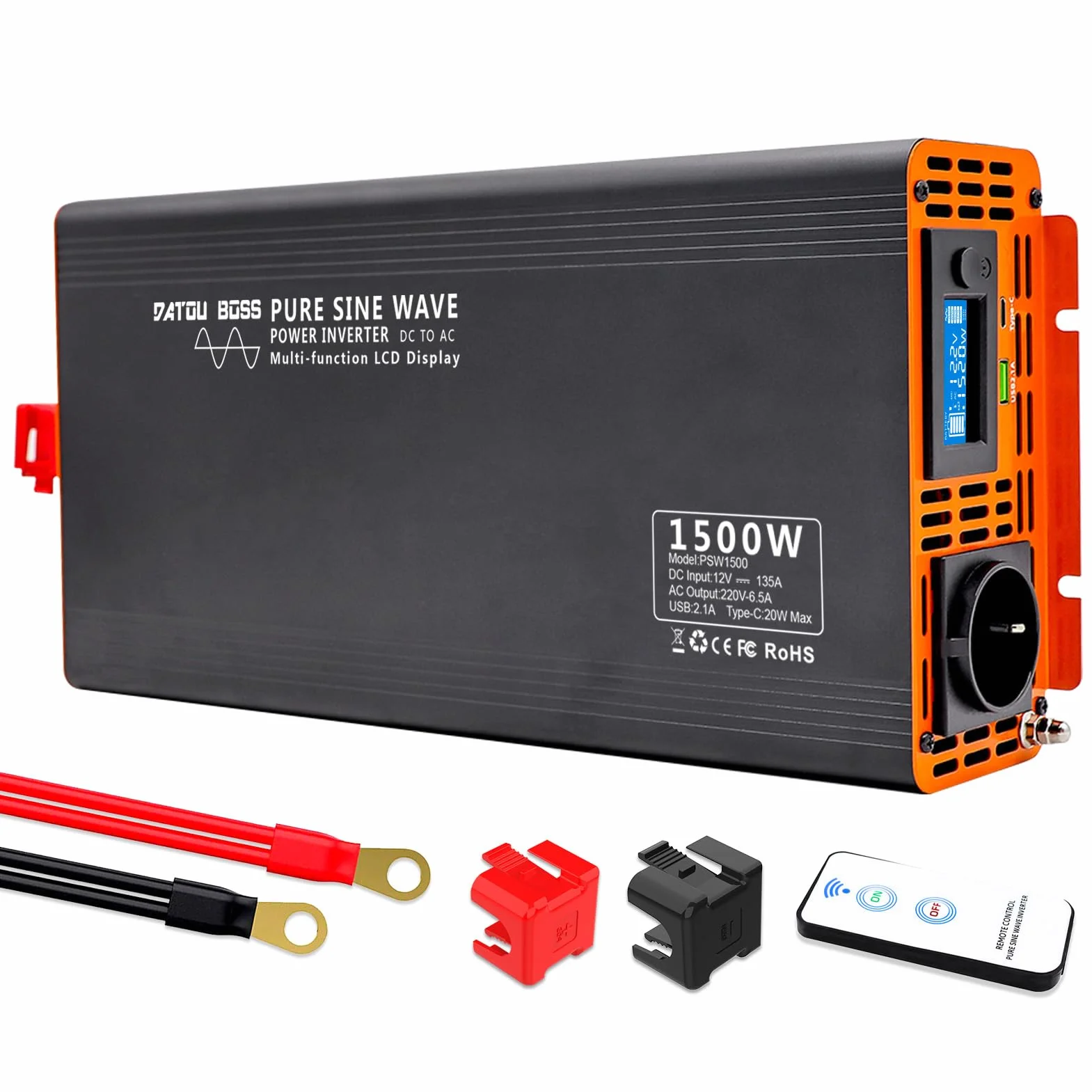 DATOUBOSS Falownik Czysty Sinus 1500W DC 12V na AC 230V Przetwornica Napięcia, z ekranem LCD & Pilotem Zdalnego Sterowania USB & Type-c pilot &1 x Gniazda AC do Przyczep Kempingowych