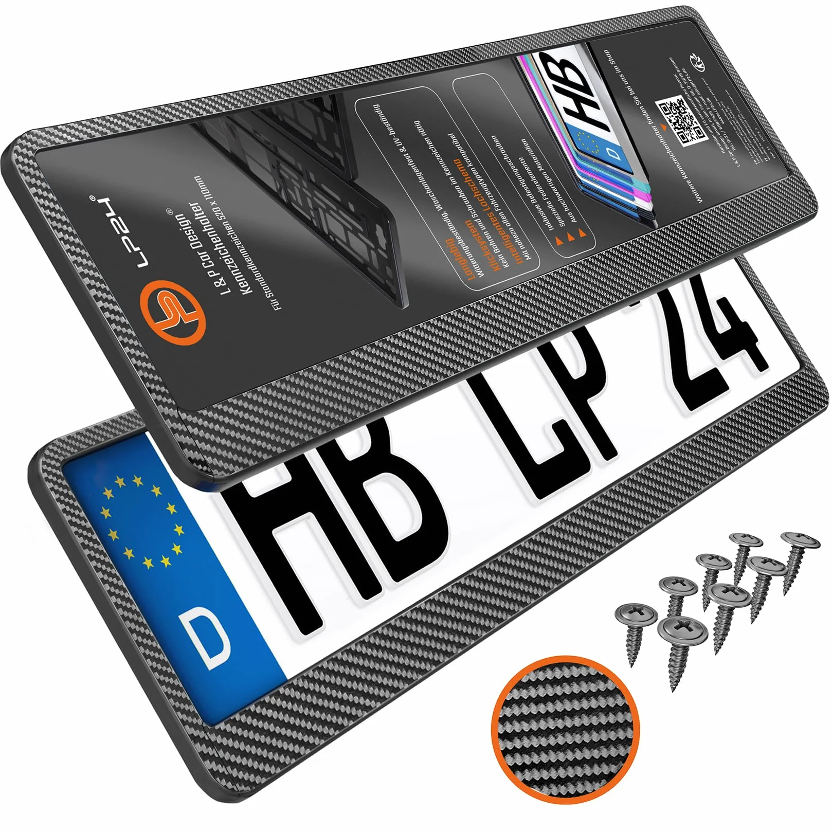 2x Uchwyt tablicy rejestracyjnej - trwały i bezpieczny - 8 śrub - carbon look - 520x110 mm - Ramka do tablic rejestracyjnych - pasuje do każdego samochodu - dla polskich tablic PL - uniwersalny
