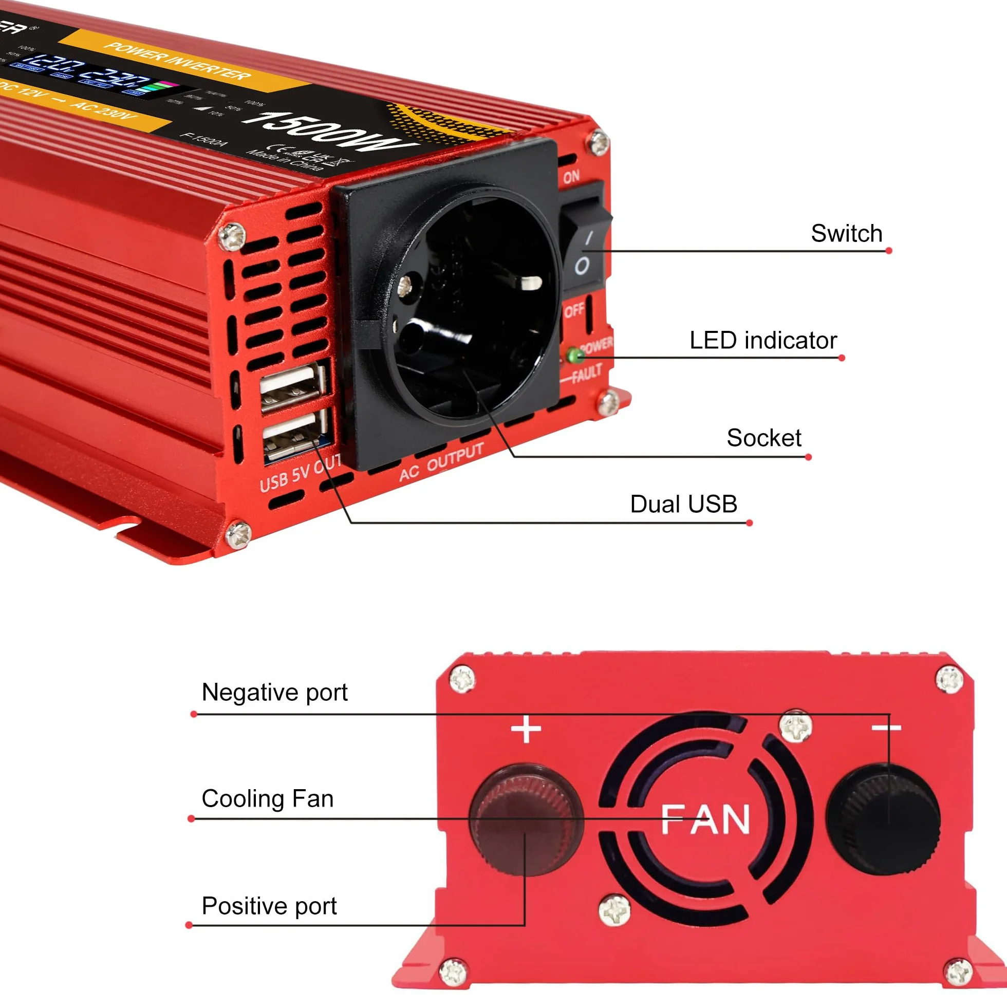 Przetwornica napięcia 1500W 12V 230V falownik z dużym wyświetlaczem