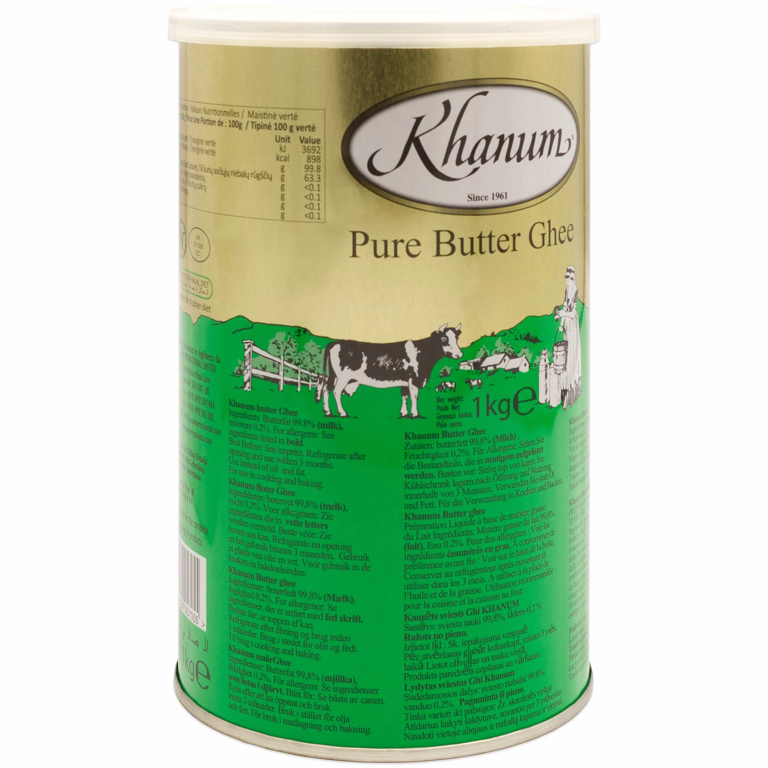 Khanum Pure Butter Ghee - najlepszy tłuszcz do smażenia i gotowania, w zestawie 2 szt. po 1 kg puszka