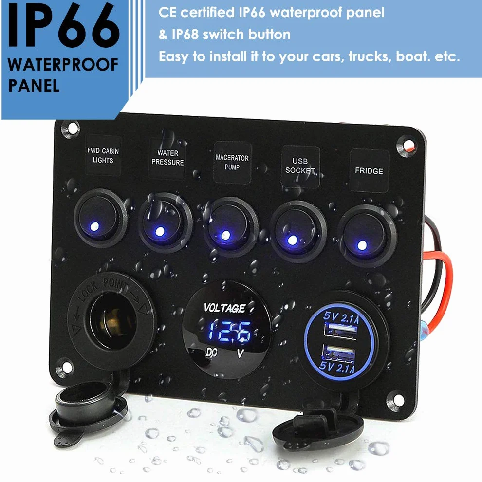 Panel przełącznikowy 12 V/24 V, z przyłączem USB 4,2 A + zapalniczka + wyświetlacz woltomierza, wodoszczelność IP65, przełącznik dźwigienkowy wł./wył. do samochodu, łodzi, samochodów ciężarowych, obwodów sterowania