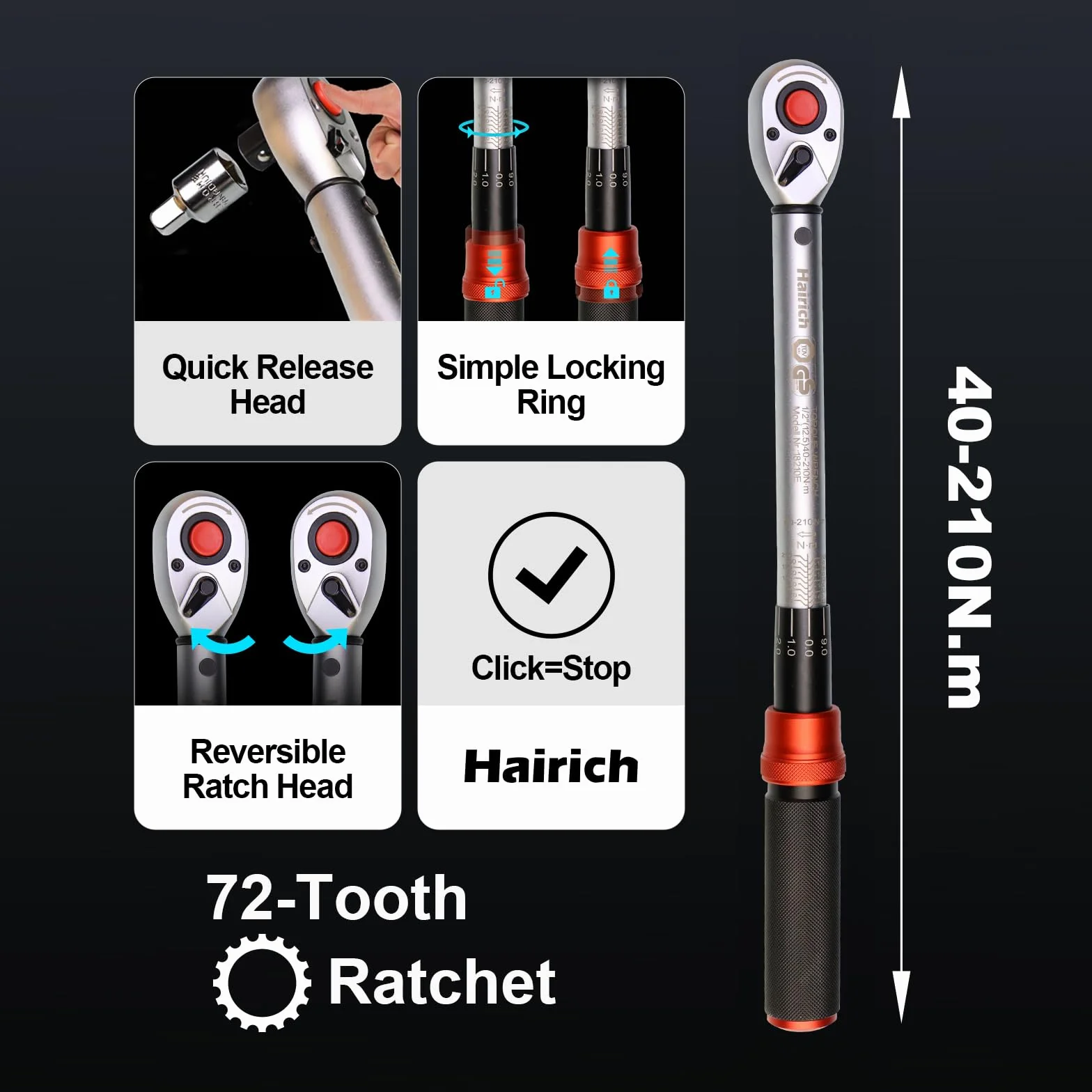 Hairich Klucz dynamometryczny 1/2", klucz nasadowy 40-210 Nm, certyfikat TÜV Süd GS, 6-częściowy zestaw z przedłużeniem 125 mm, adapter 1/2"-3/8" i 3 nasadkami - wymiana opon i motocykli