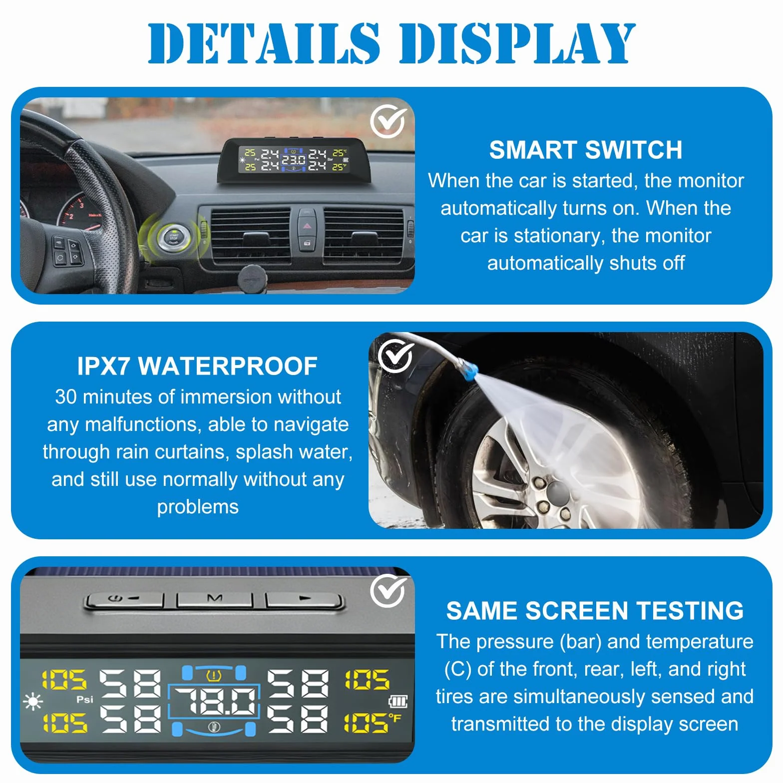 TPMS system kontroli ciśnienia w oponach, zasilany energią słoneczną, cyfrowy system kontroli ciśnienia w oponach TPMS z 4 czujnikami zewnętrznymi, wodoszczelność IPX7, mini monitorowanie ciśnienia w