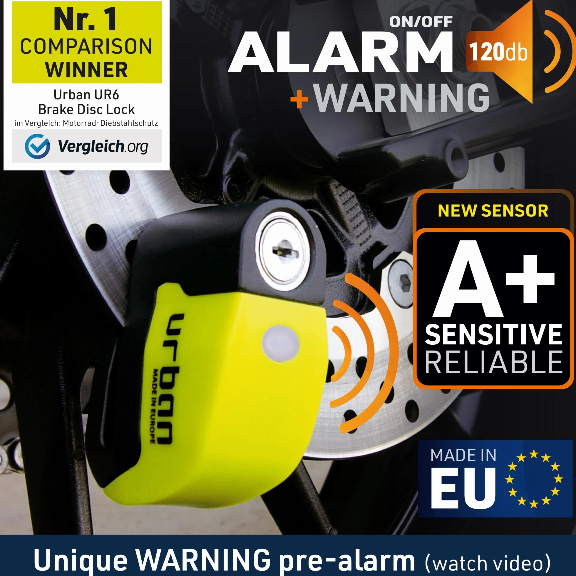 Urban UR6 Blokada Dysku z Alarmem Motocyklowy Alarm Przeciwkradzieżowy 120 dB, 6 mm