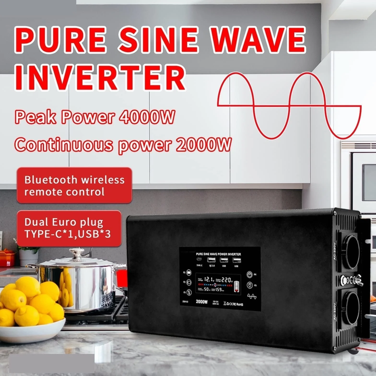 Falownik, Czysta fala sinusoidalna przetwornica mocy moc szczytowa 4000W DC 12V 24V 36V 48V 60V do AC 220 230 ciągła 2000W